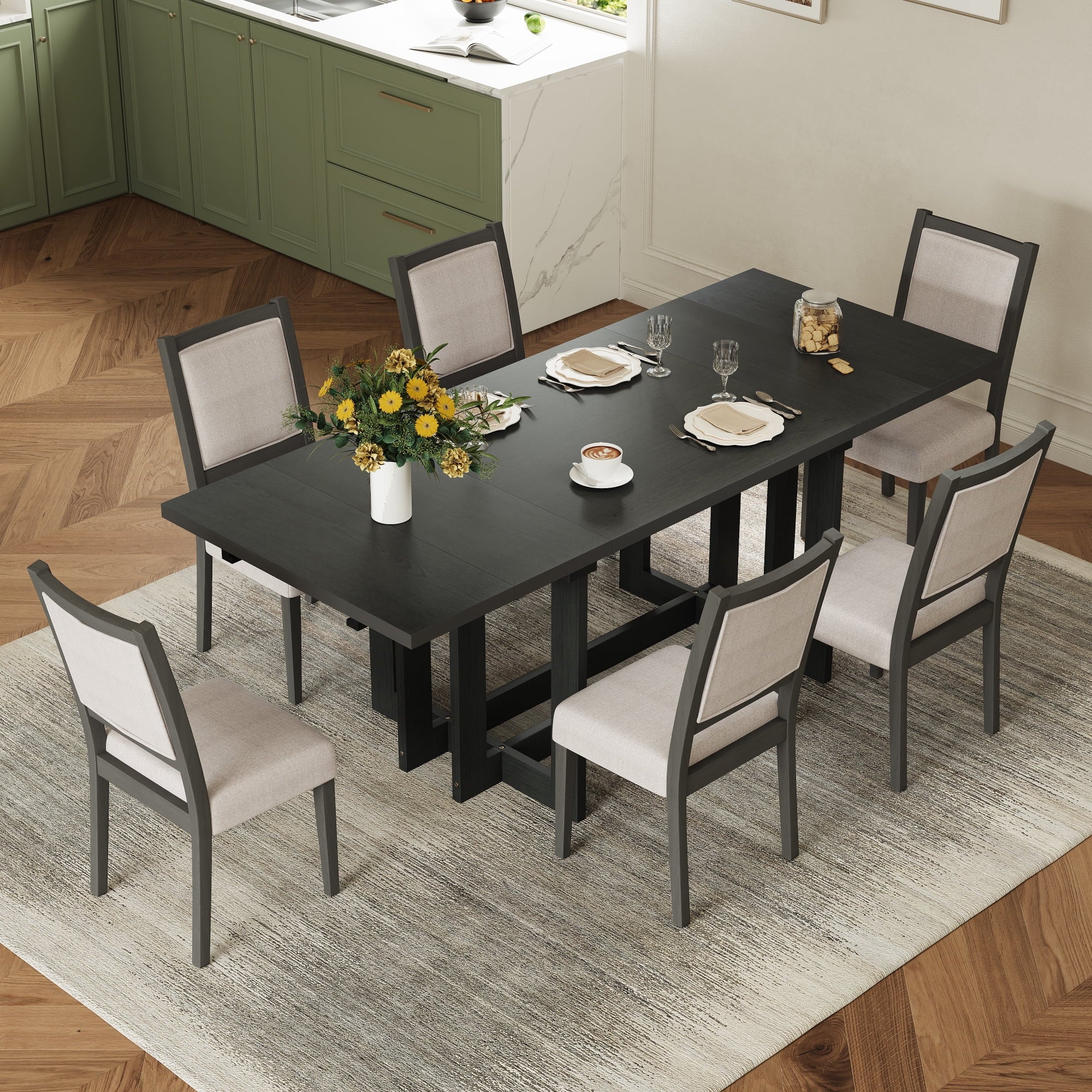 Harper & Bright Designs 7 Pieces Retro Dining Set for 6, Wood Rectangular Table with Designed Trestle Base and 6 Upholstered Chairs for Dining Room and Kitchen, Grey