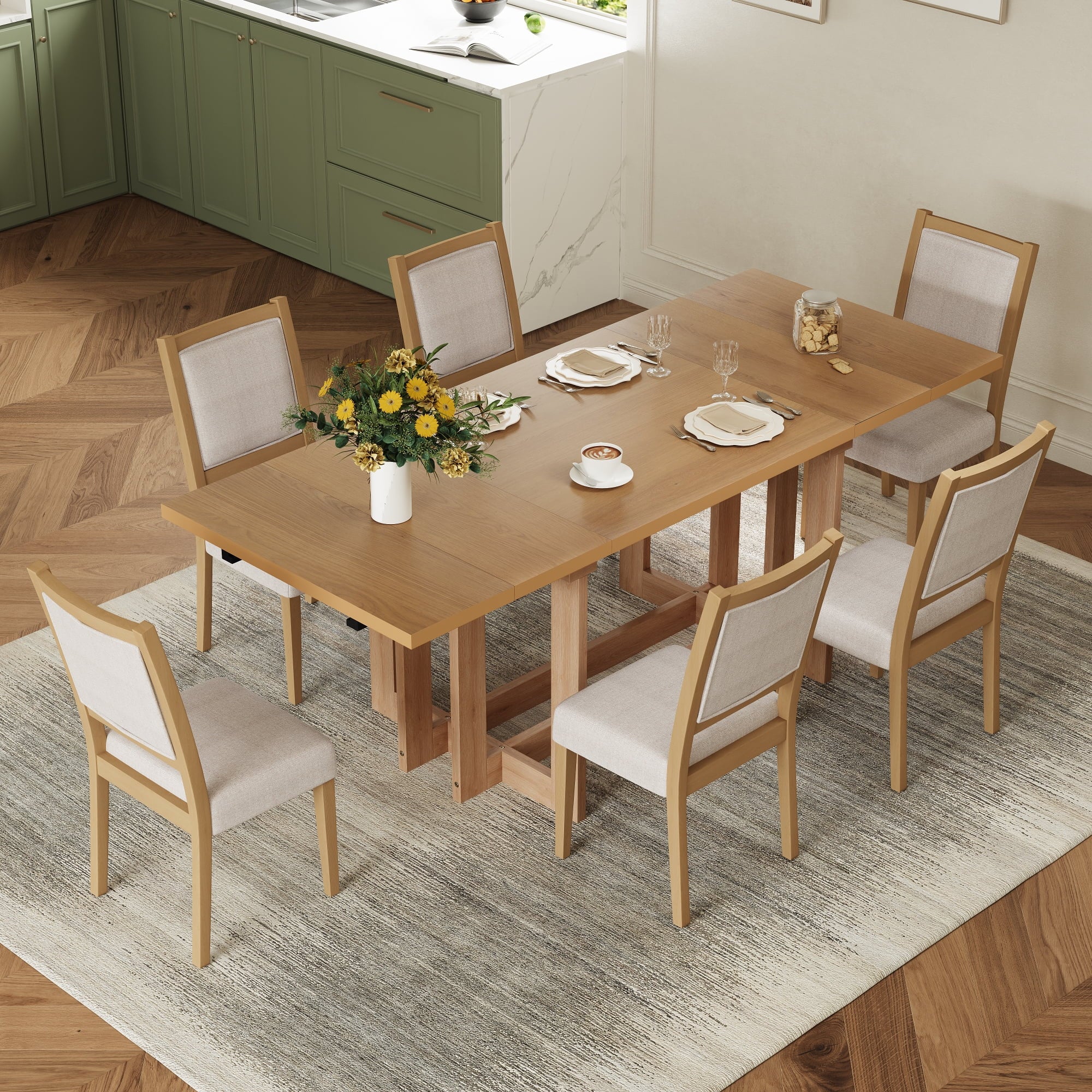 Harper & Bright Designs 7 Pieces Retro Dining Set for 6, Wood Rectangular Table with Designed Trestle Base and 6 Upholstered Chairs for Dining Room and Kitchen, Grey