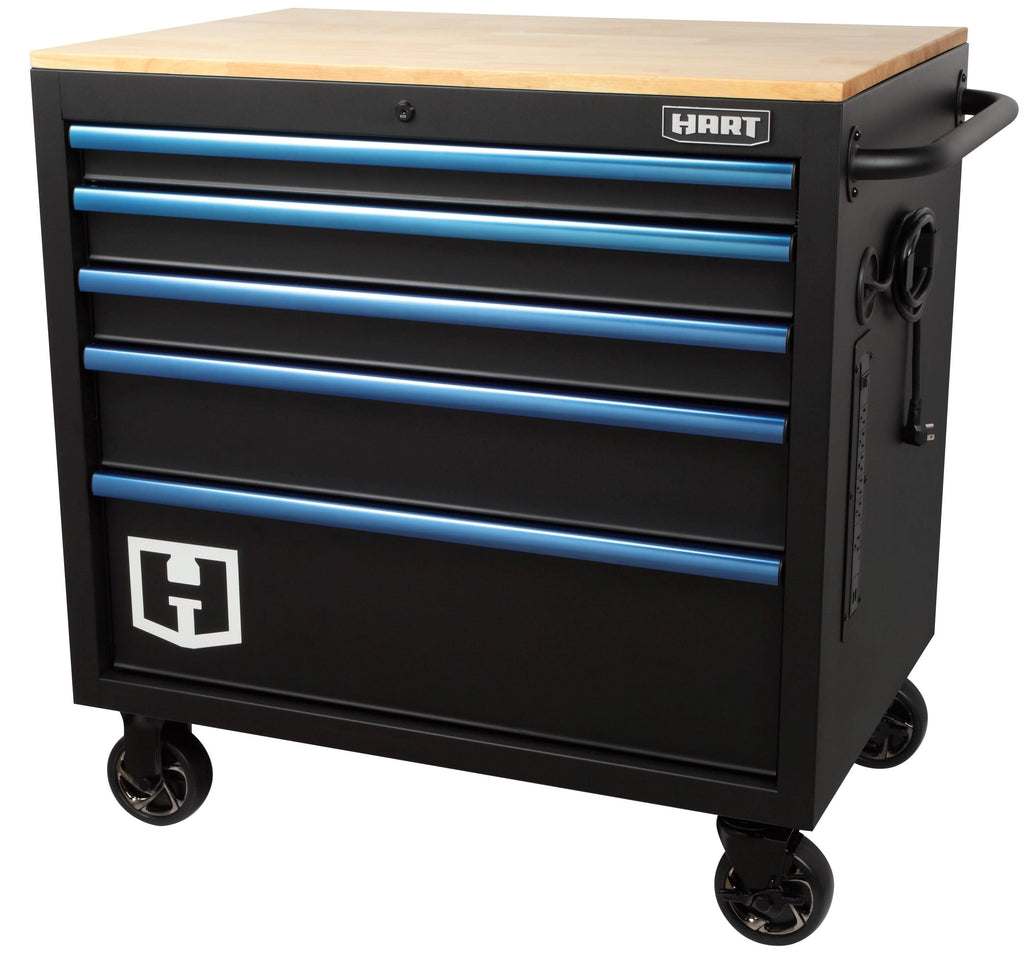 Hart 36-In W x 24-In D 5-Drawer Mobile Tool Chest Workbench W/ Wood Top, Garage Use