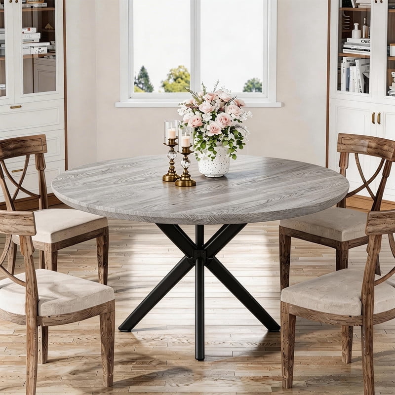 Hawsaiy 47 Round Dining Table for 4-6, Modern Farmhouse Kitchen Table with Metal Legs, Wood Circle Dinner Table for Kitchen & Dining Room, Walnut