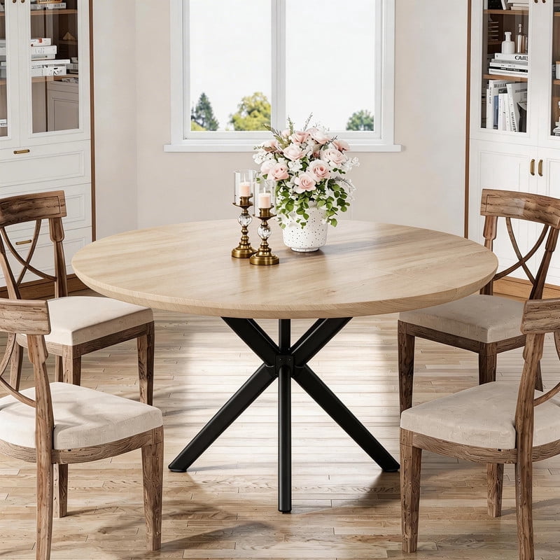 Hawsaiy 47 Round Dining Table for 4-6, Modern Farmhouse Kitchen Table with Metal Legs, Wood Circle Dinner Table for Kitchen & Dining Room, Walnut