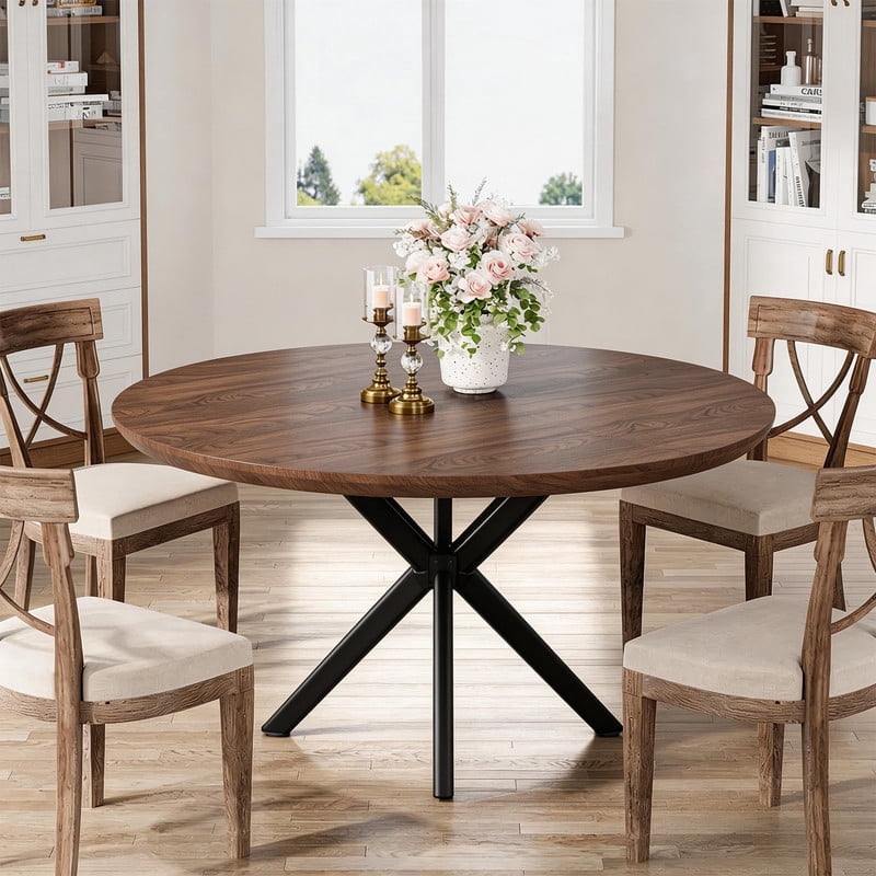 Hawsaiy 47 Round Dining Table for 4-6, Modern Farmhouse Kitchen Table with Metal Legs, Wood Circle Dinner Table for Kitchen & Dining Room, Walnut
