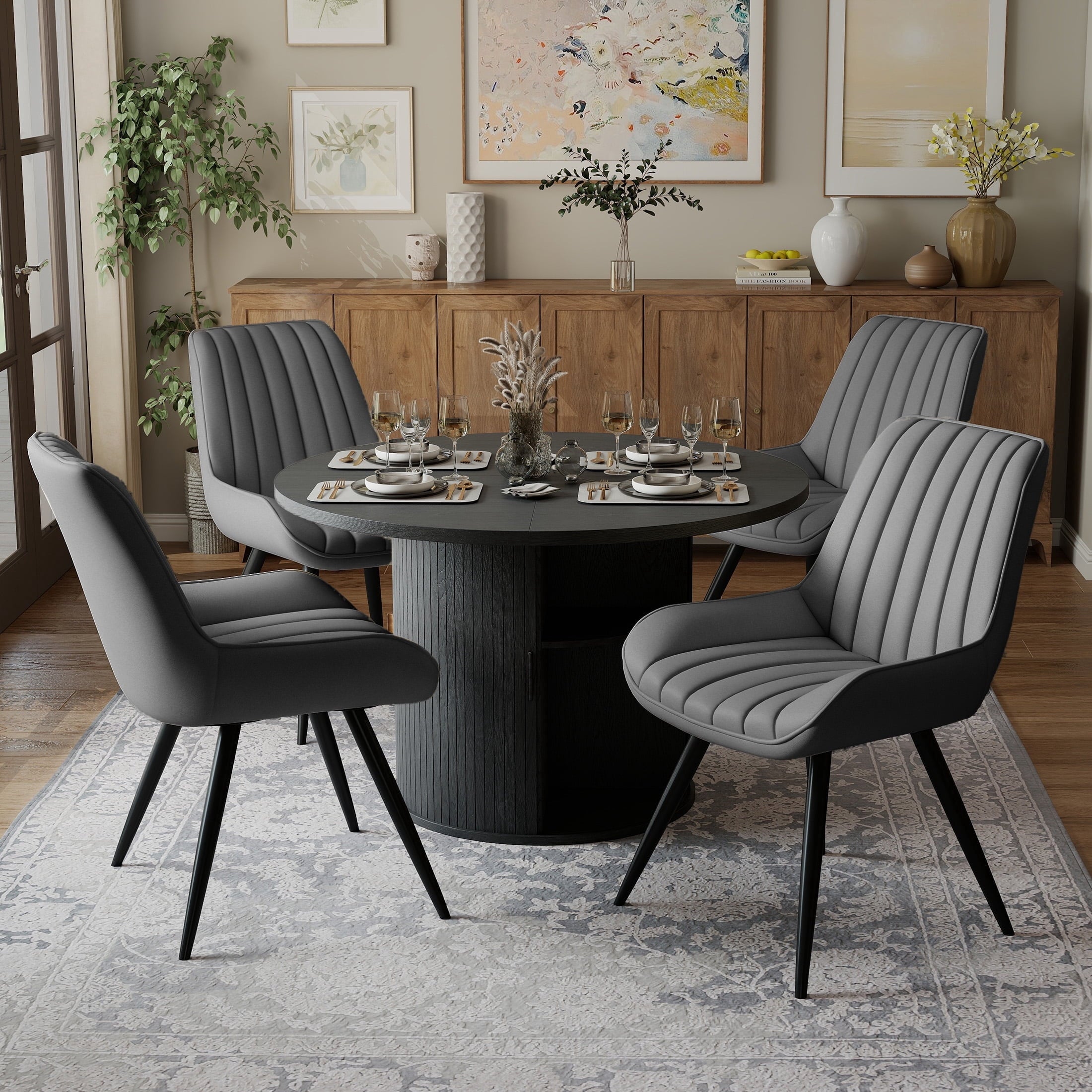 Hawsaiy 3-Piece Dining Table Set for 2, 31.5 Round Dining Table Set with 2 Upholstered Dining Chairs, Modern Farmhouse Table Set for Dining Room (Black+Black)