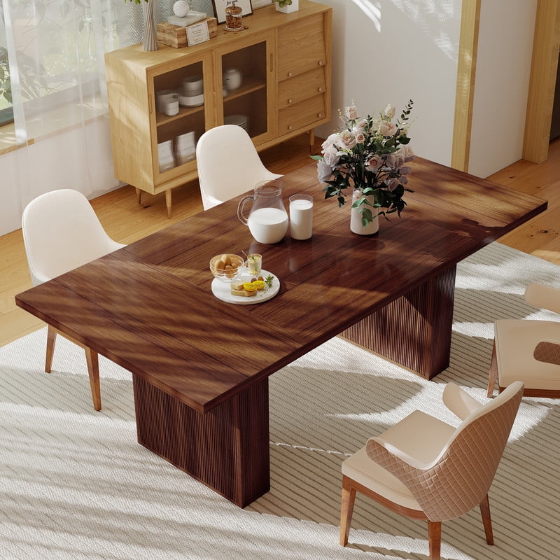 Hawsaiy 78 Rectangular Farmhouse Dining Table for 6–8, Large Kitchen Table with Grooved Wood Base, Thick Waterproof Top for Dining Room, Walnut
