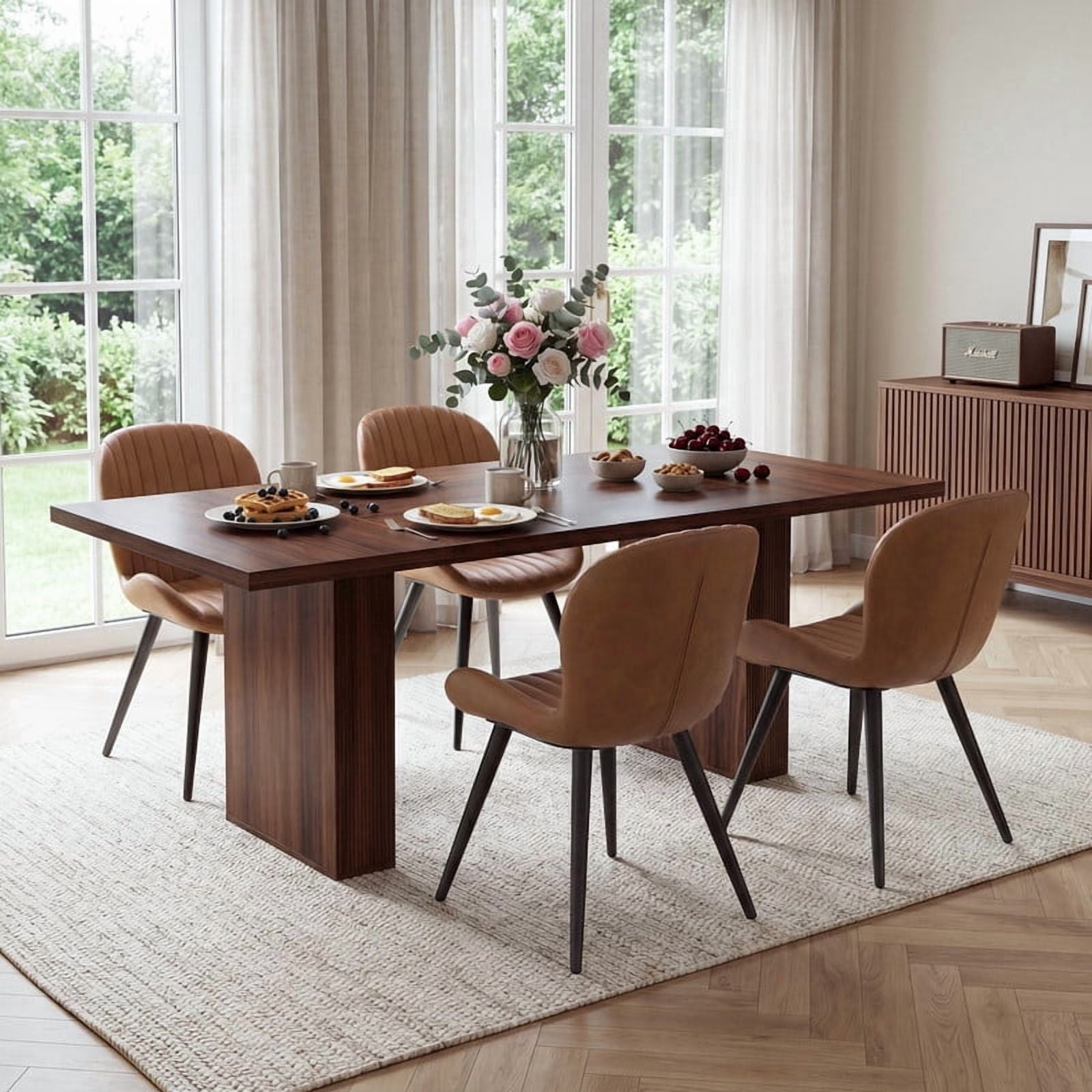 Hawsaiy Dining Table Set for 4, 78 Farmhouse Dining Table with 4 Upholstered Dining Chairs, Large Kitchen Table Set with Modern Shell Back Chairs & Metal Legs for Dining Room(Walnut + Black)