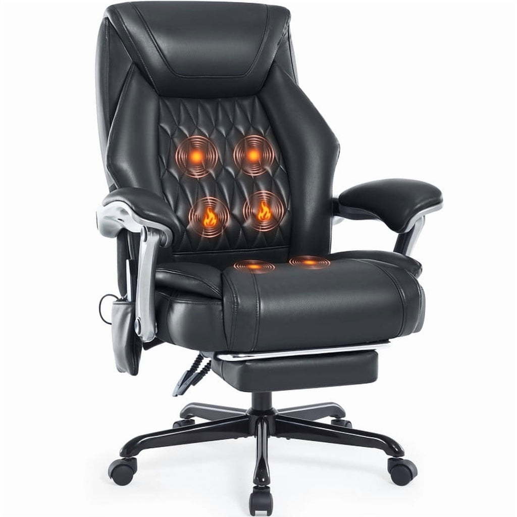 Heated Massage Office Chair with 6 Points Vibration, Reclining Ergonomic Desk Chair with Footrest for Extra Comfort, PU Leather High Back Executive Computer Chair, Thick Padded Massage Chair