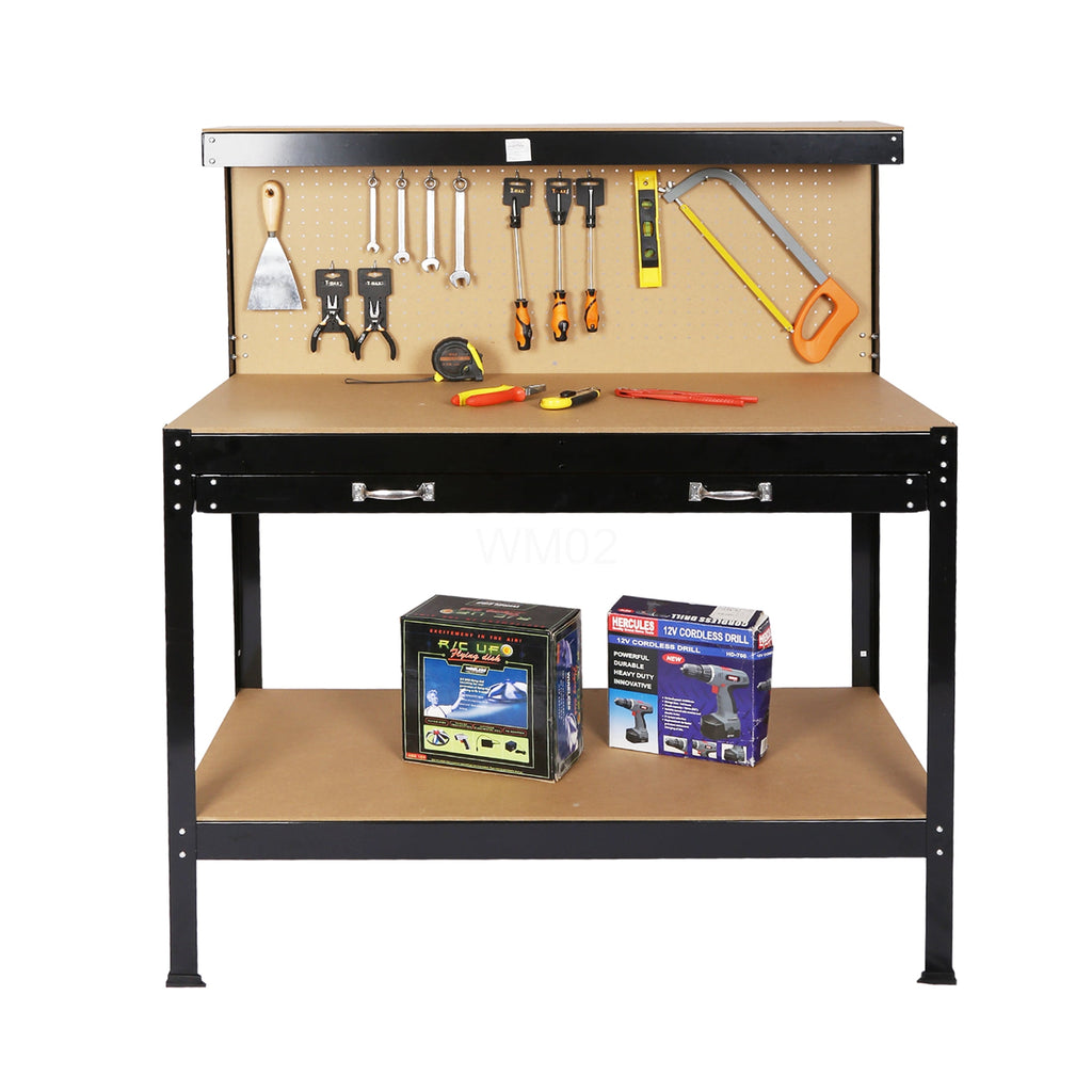 Heavy-Duty Black Workbench with Tool Storage, 300Lbs Capacity, Steel Frame & MDF Top for Garage Workshop