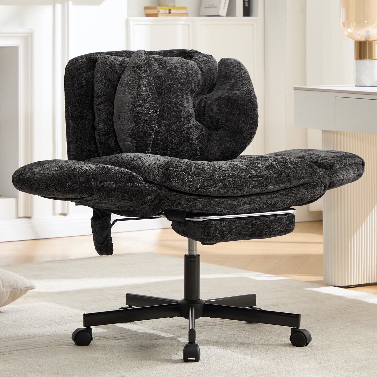 Hforesty Cross Legged Office Chair, Inflatable Flip-up Back & Wide Seat, 5-Position Armrests & Footrest, Ergonomic Task Chair for Home Office, Gray
