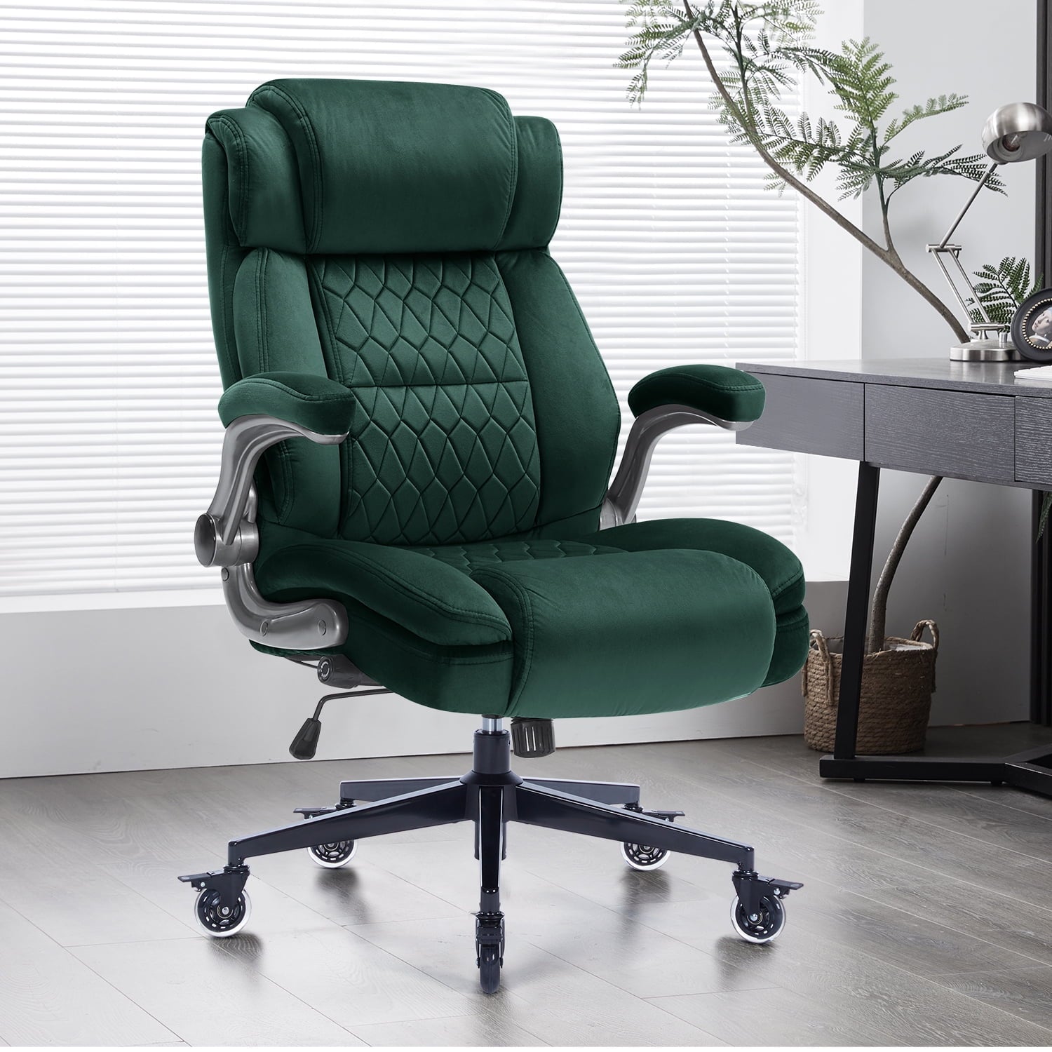 High Back Office Chair with Lockable Wheels, 400lbs Large Fabric Executive Desk Chair, Adjustable Lumbar Support Flip up Arms, Ergonomic Home Office Computer Chair with Storage Pocket, Black
