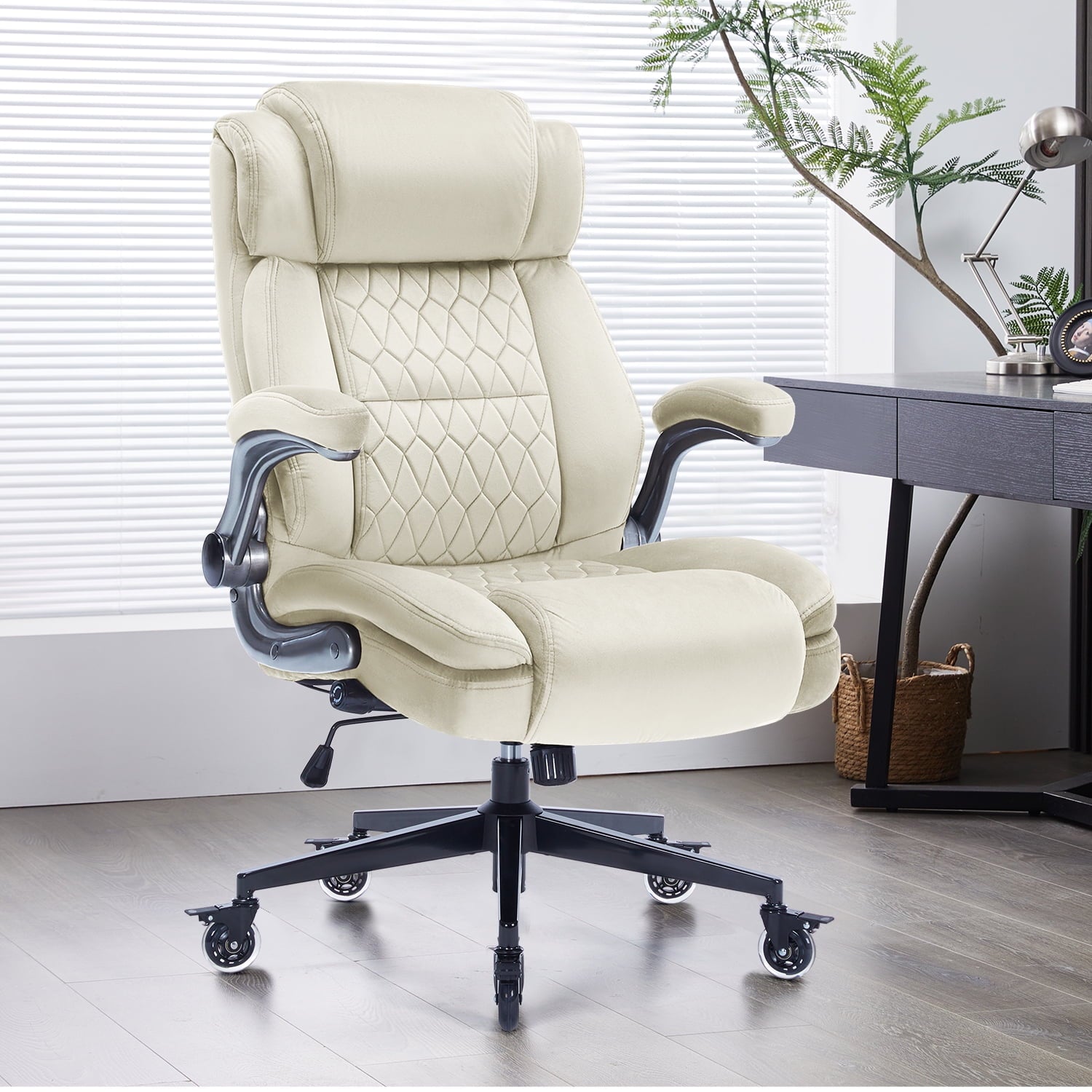 High Back Office Chair with Lockable Wheels, 400lbs Large Fabric Executive Desk Chair, Adjustable Lumbar Support Flip up Arms, Ergonomic Home Office Computer Chair with Storage Pocket, Black