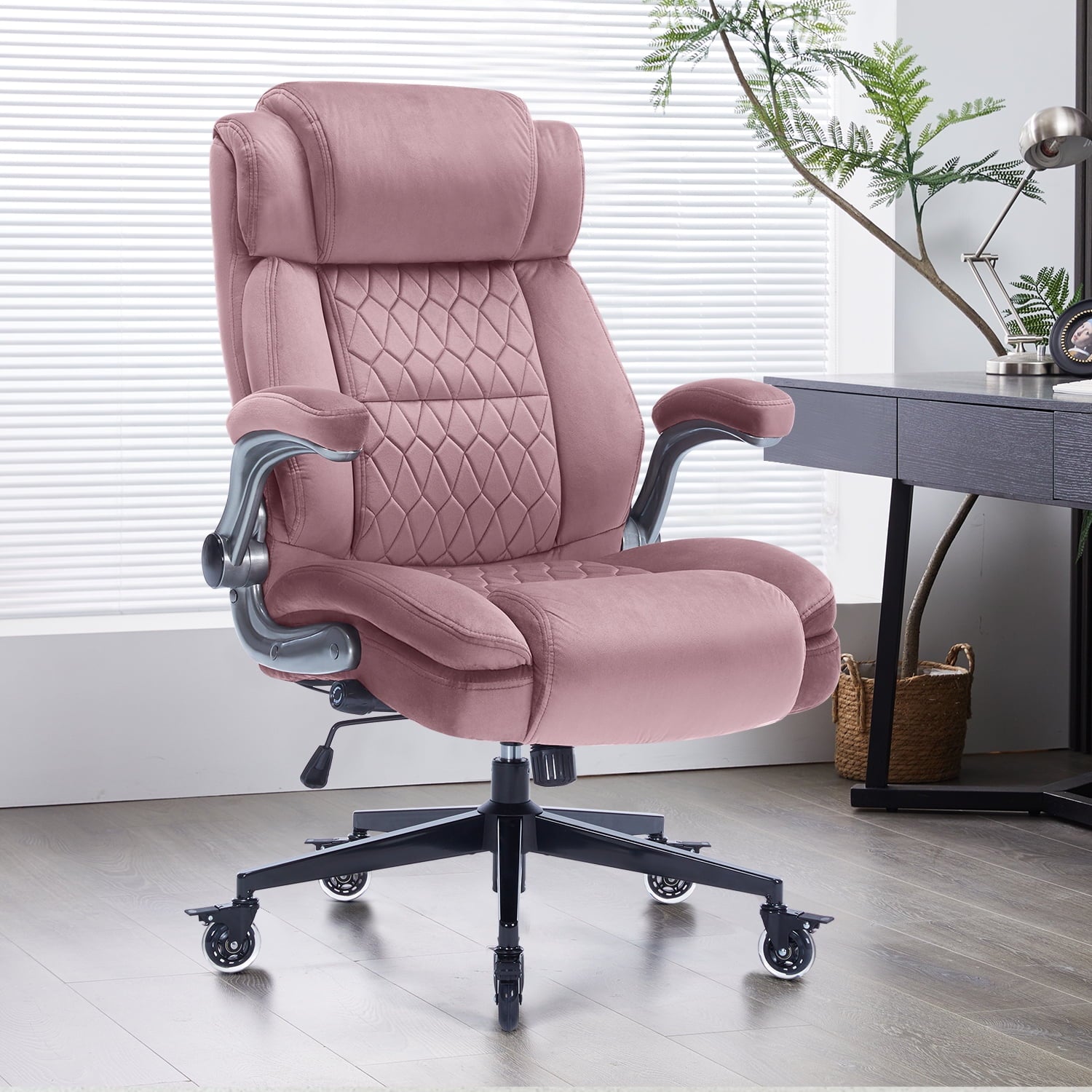 High Back Office Chair with Lockable Wheels, 400lbs Large Fabric Executive Desk Chair, Adjustable Lumbar Support Flip up Arms, Ergonomic Home Office Computer Chair with Storage Pocket, Black
