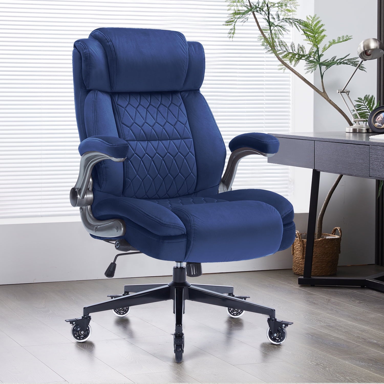 High Back Office Chair with Lockable Wheels, 400lbs Large Fabric Executive Desk Chair, Adjustable Lumbar Support Flip up Arms, Ergonomic Home Office Computer Chair with Storage Pocket, Black