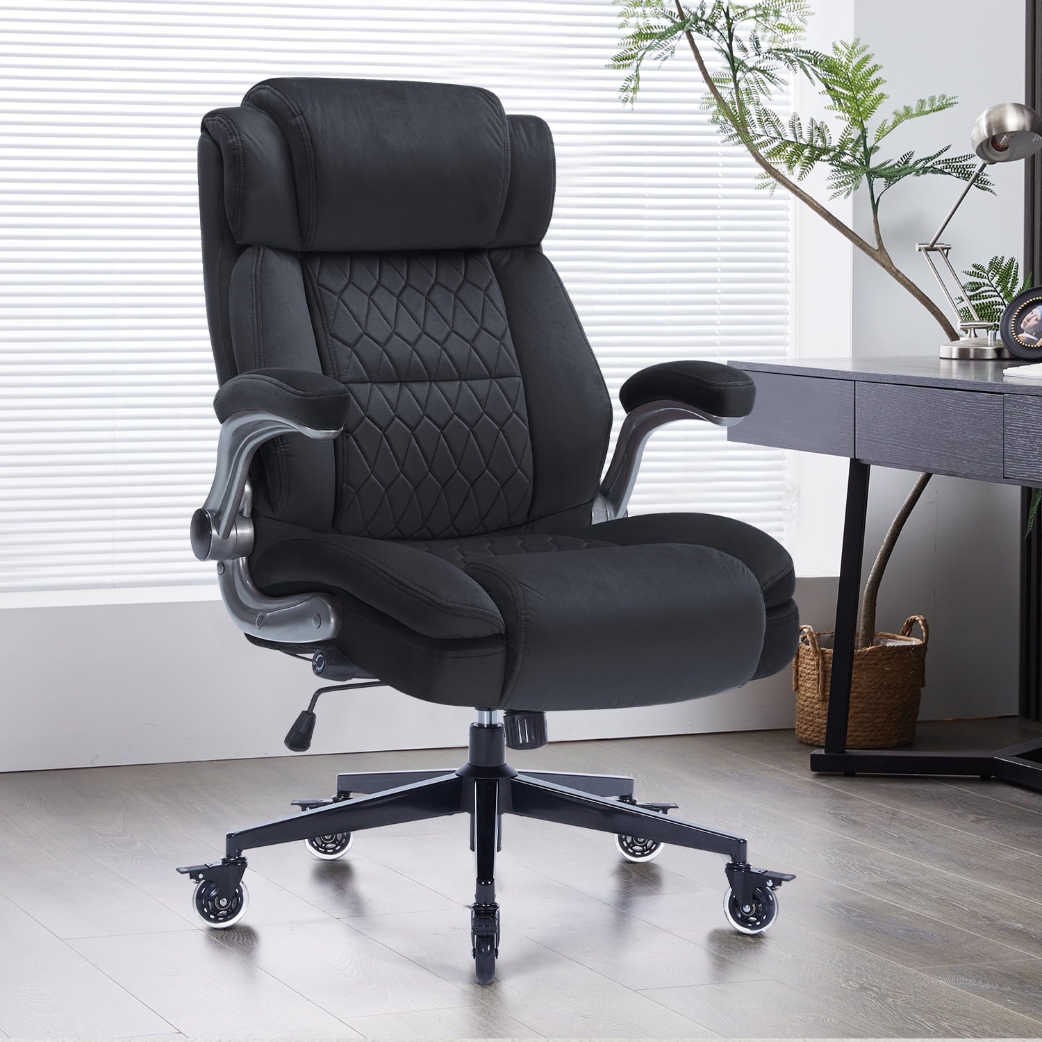 High Back Office Chair with Lockable Wheels, 400lbs Large Fabric Executive Desk Chair, Adjustable Lumbar Support Flip up Arms, Ergonomic Home Office Computer Chair with Storage Pocket, Black