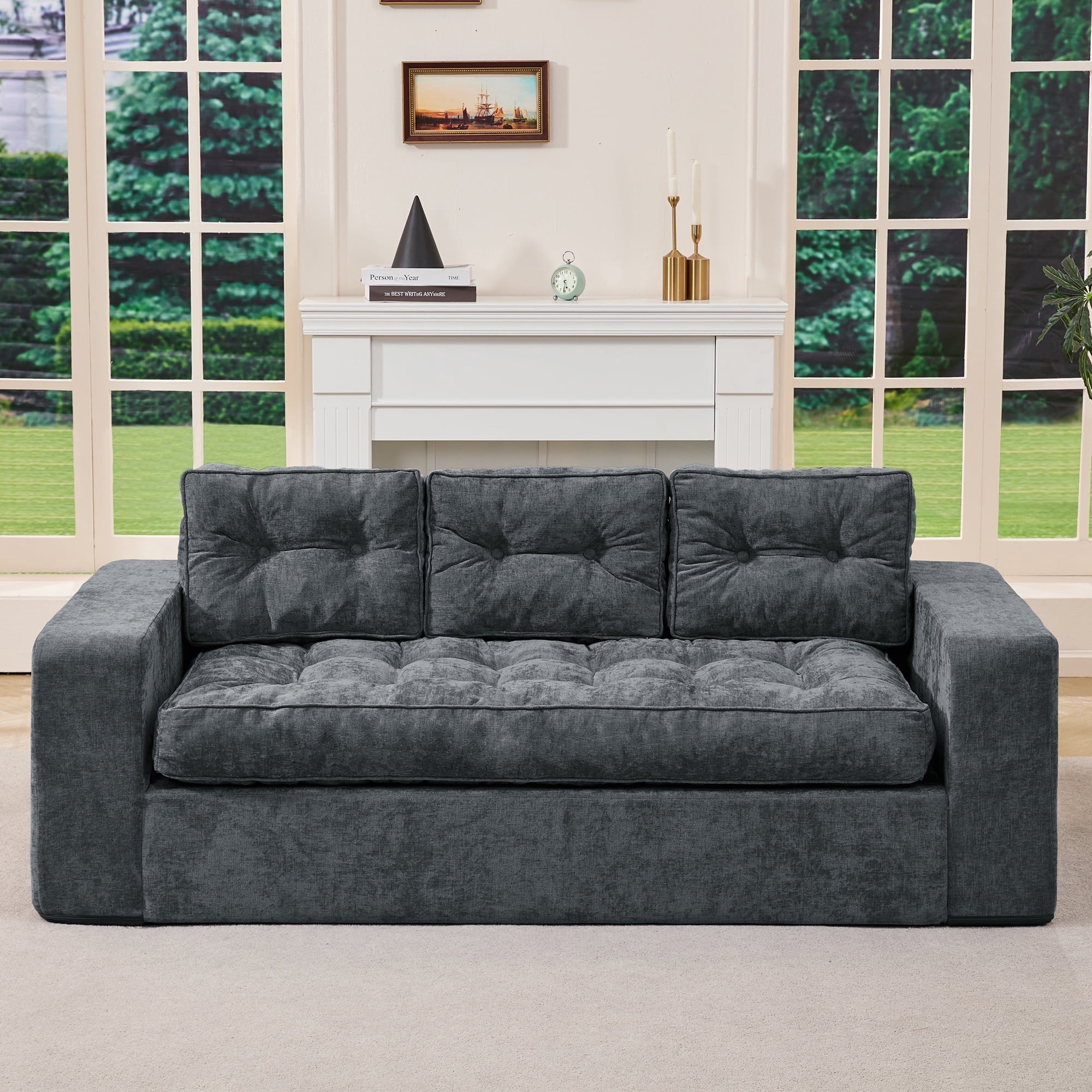 Hobestluk 3-Seater Sofa Boneless Couch with Tufted Button Design 2 in 1 Comfy Cloud Couch Oversized Sofa for Living Room Bedroom Apartment or Office (Grey, 3 Seater)