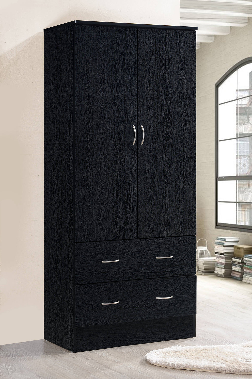 Hodedah 2-Door Armoire with 2-Drawers and Clothing Rod in Black