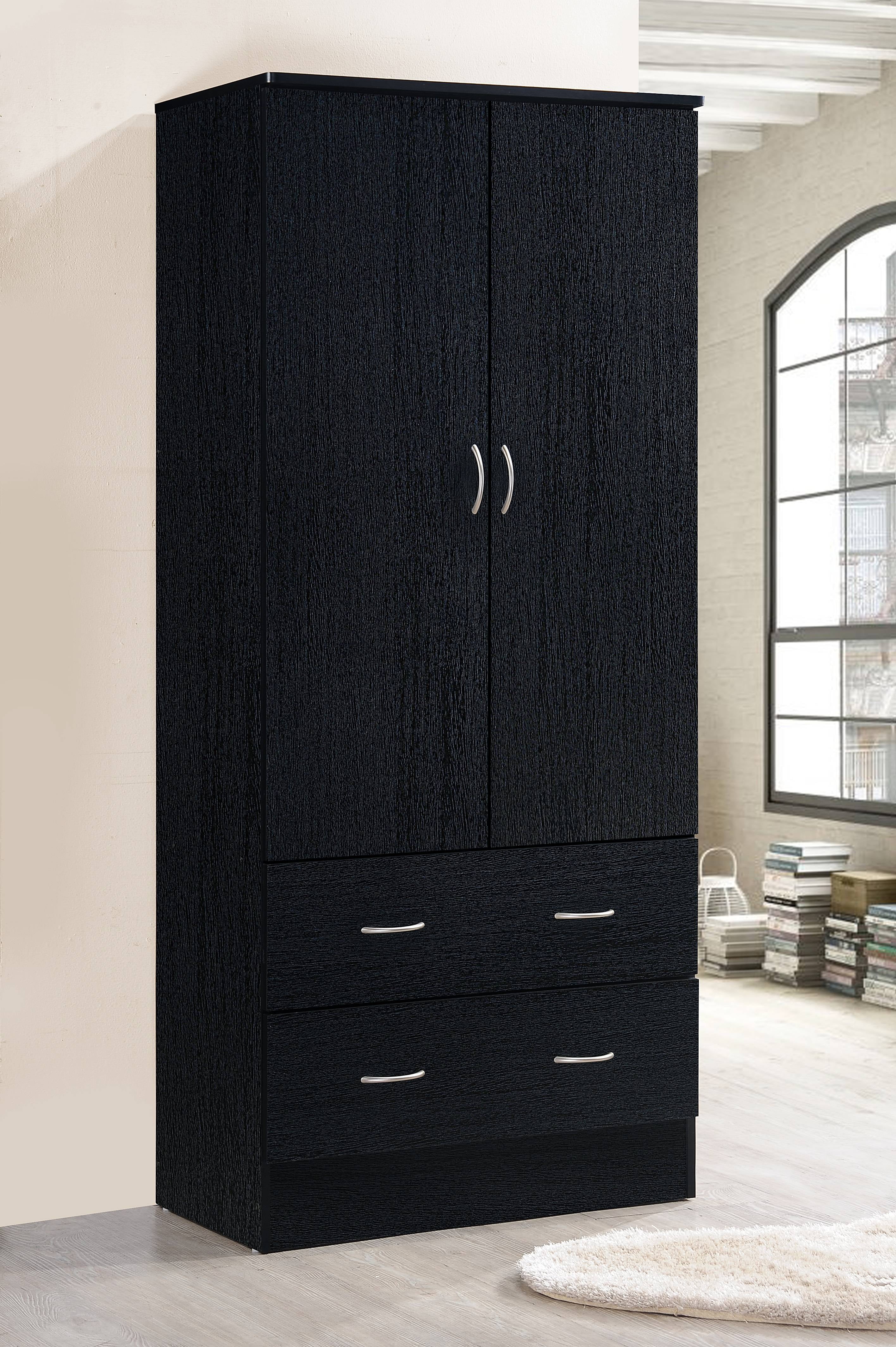 Hodedah 2-Door Armoire with 2-Drawers and Clothing Rod in Black