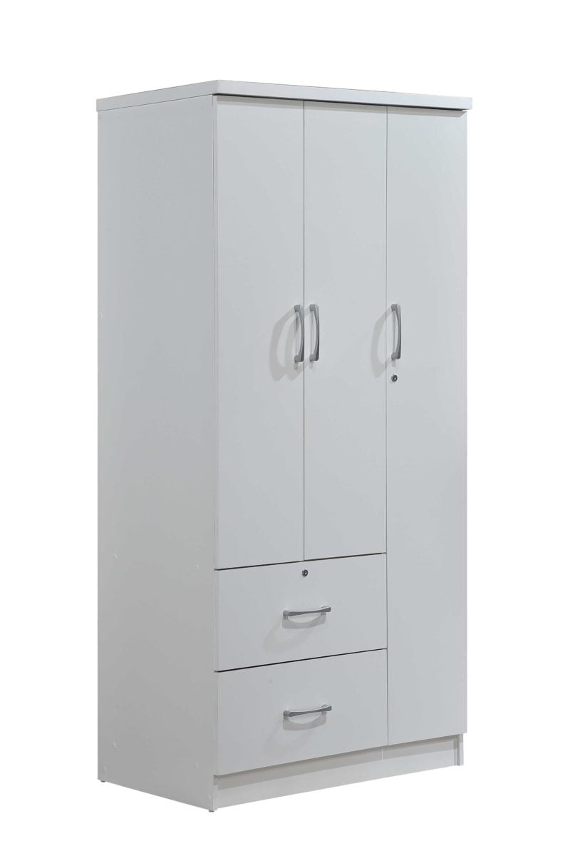 Hodedah 3 Door Bedroom Armoire with Drawers, White Finish
