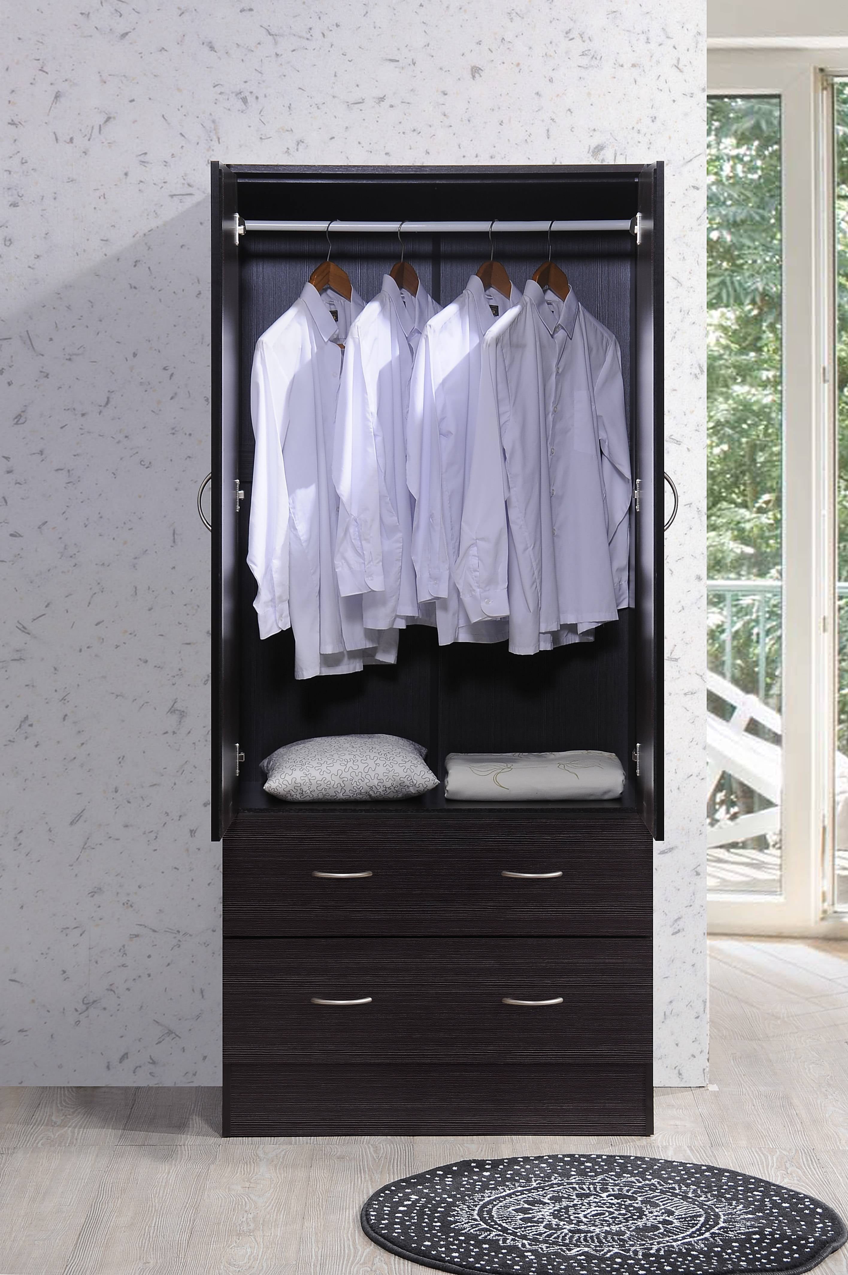 Hodedah 2-Door Armoire with 2-Drawers and Clothing Rod in Black