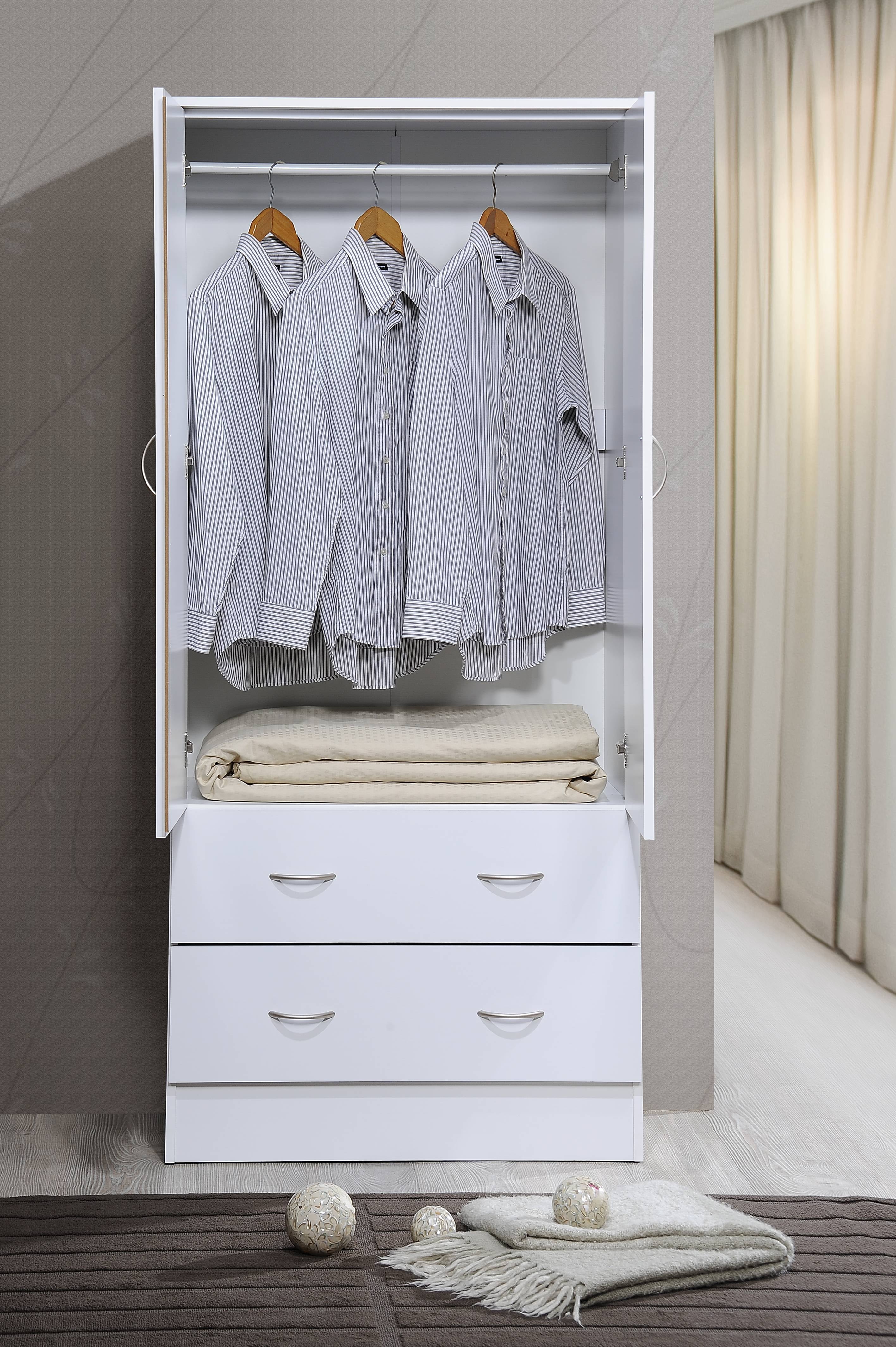 Hodedah 2-Door Armoire with 2-Drawers and Clothing Rod in Black