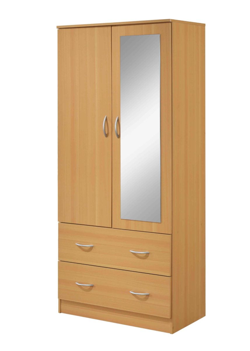 Hodedah Two Door Wardrobe with Two Drawers and Hanging Rod plus Mirror, Black