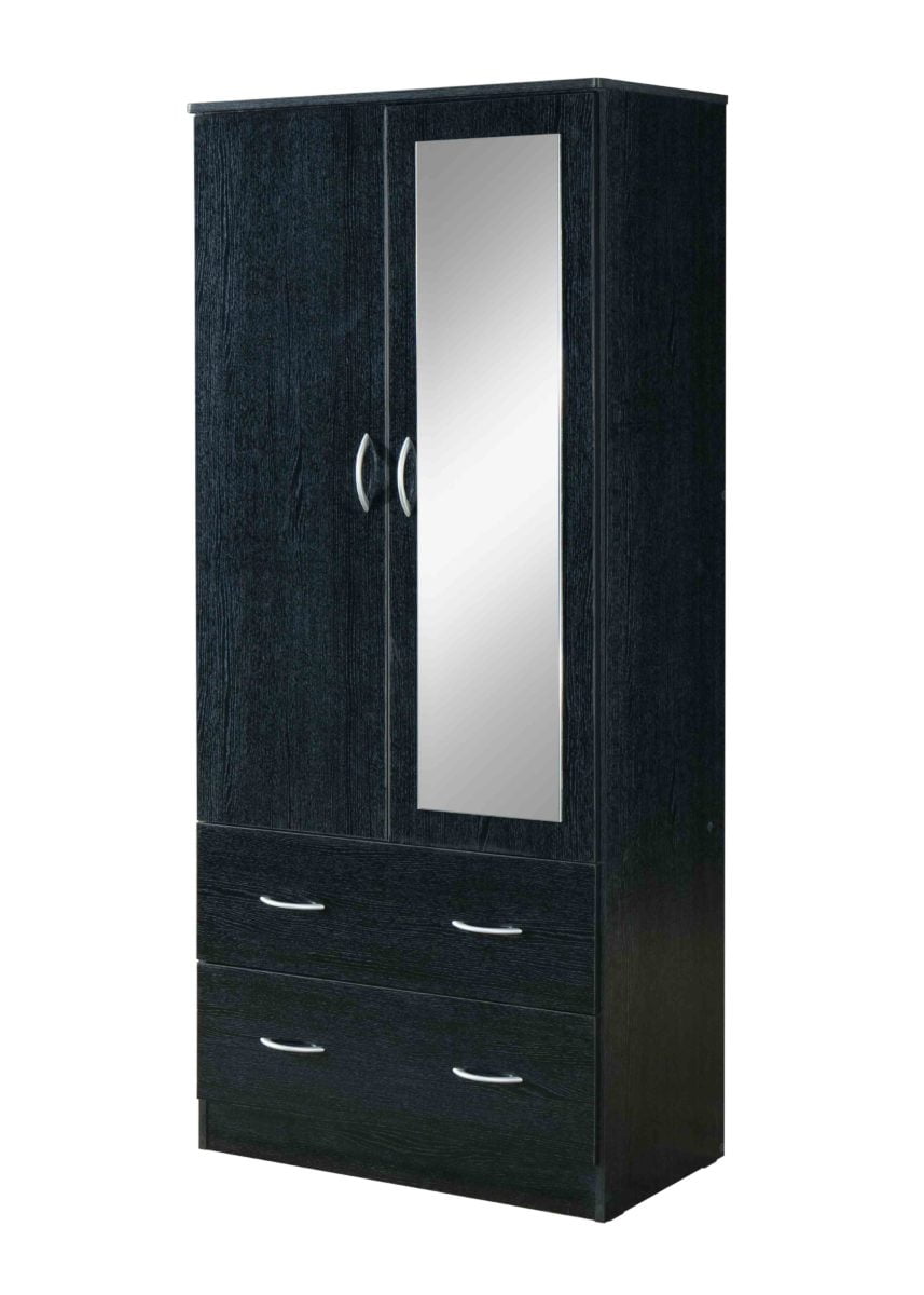 Hodedah Two Door Wardrobe with Two Drawers and Hanging Rod plus Mirror, Black
