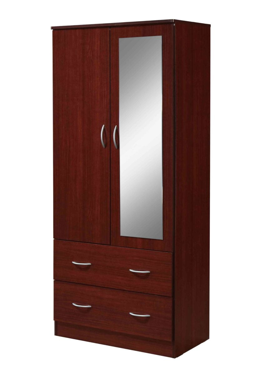 Hodedah Two Door Wardrobe with Two Drawers and Hanging Rod plus Mirror, Black
