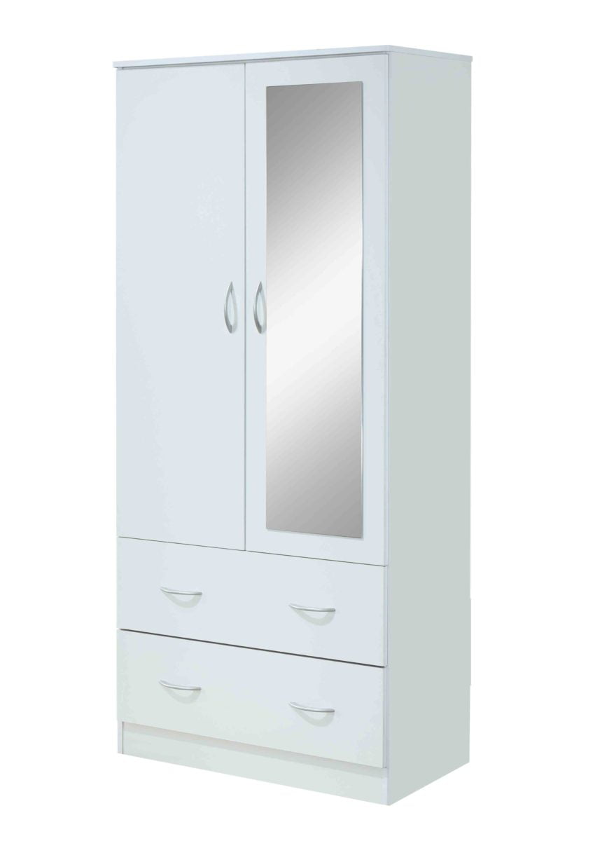 Hodedah Two Door Wardrobe with Two Drawers and Hanging Rod plus Mirror, Black