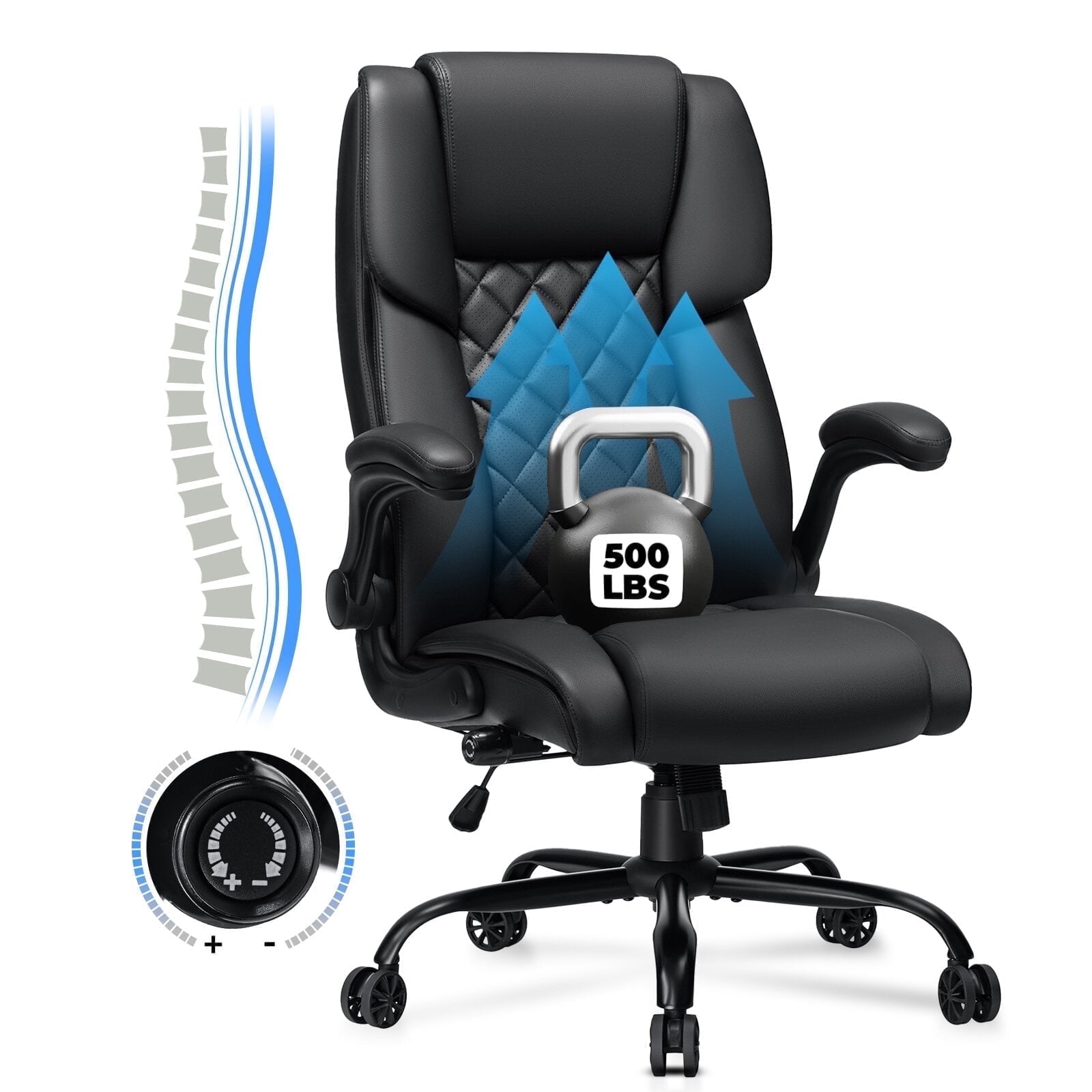 Hoffree Big and Tall Office Chair, 500lbs Executive Desk Chair with Adjustable Lumbar Support Ergonomic Computer Leather Chair with Padded Flip-up Arms for Home Office