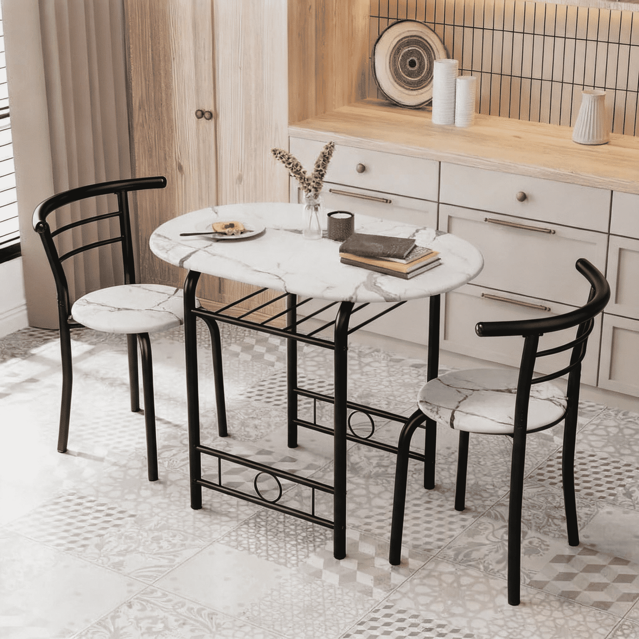 Homall 3 Piece Wood and Metal Dining Table Set, Small Dining Table for 2, Modern Dining Set for Living Room, Dining Room, Kitchen, Black