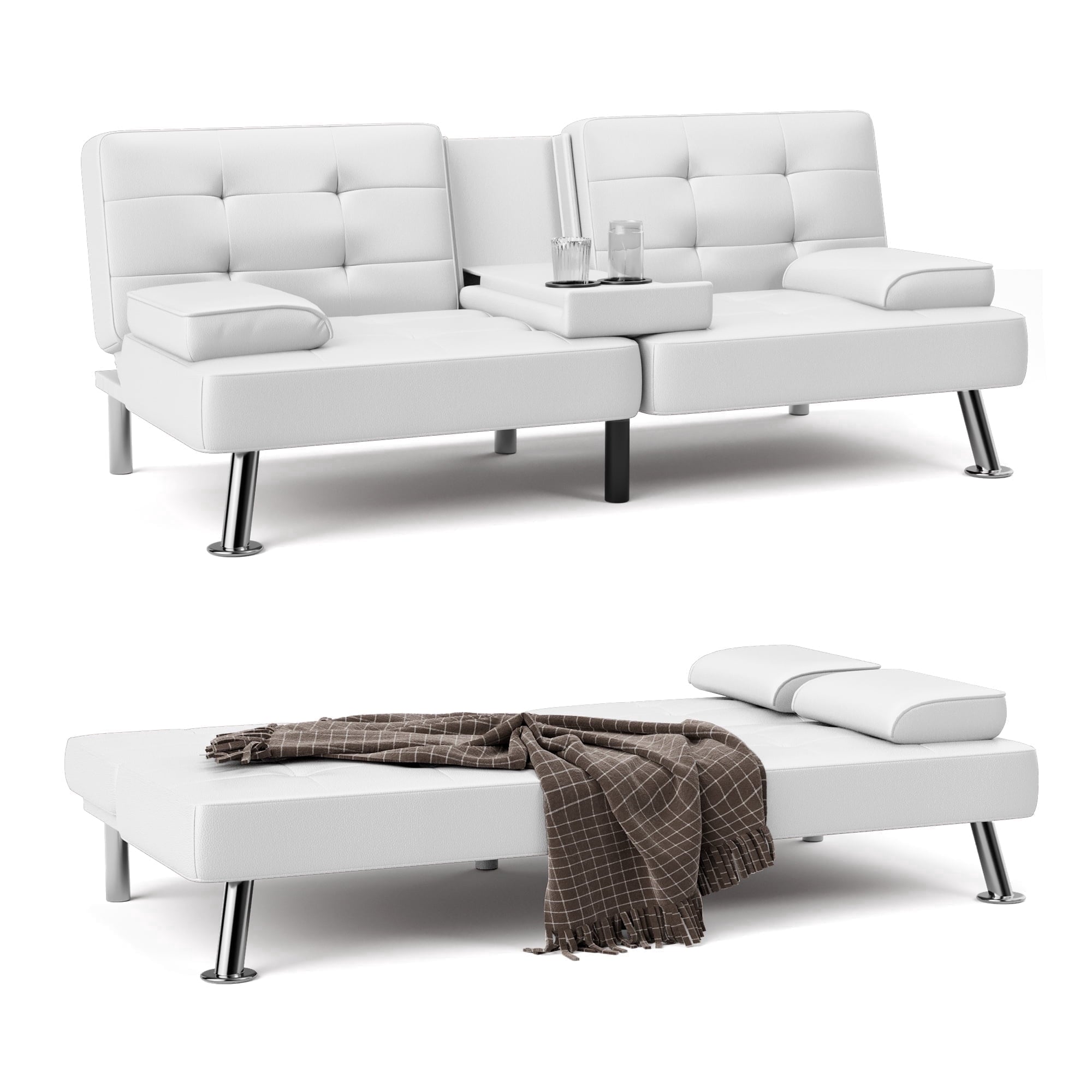 Homall Futon Sofa Bed Faux Leather Couch Modern Convertible Folding Recliner with 2 Cup Holders