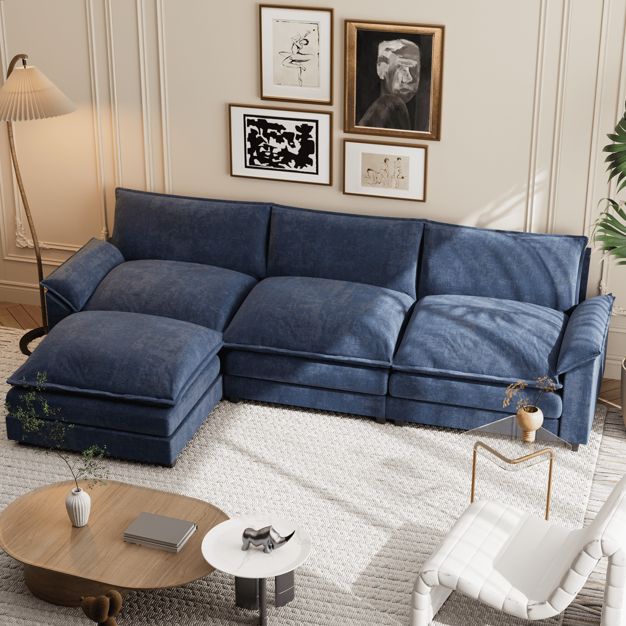Homall 3-seat L-shaped Cloud Couch Sectional Sofa with reversible toffee chair Movable Footrest Sofa, Gray