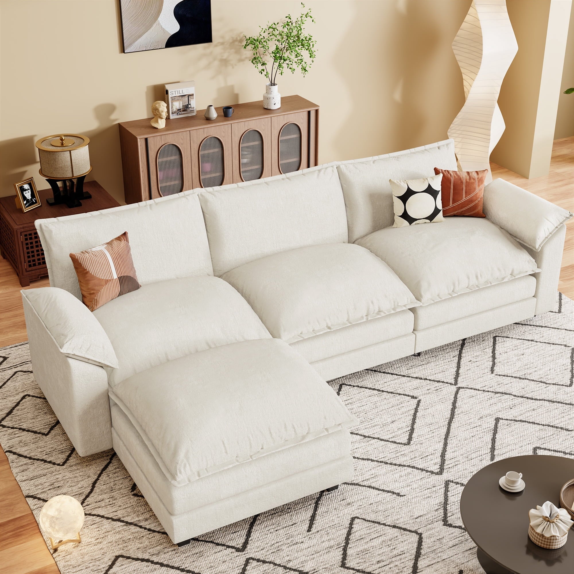 Homall 3-seat L-shaped Cloud Couch Sectional Sofa with reversible toffee chair Movable Footrest Sofa, Gray