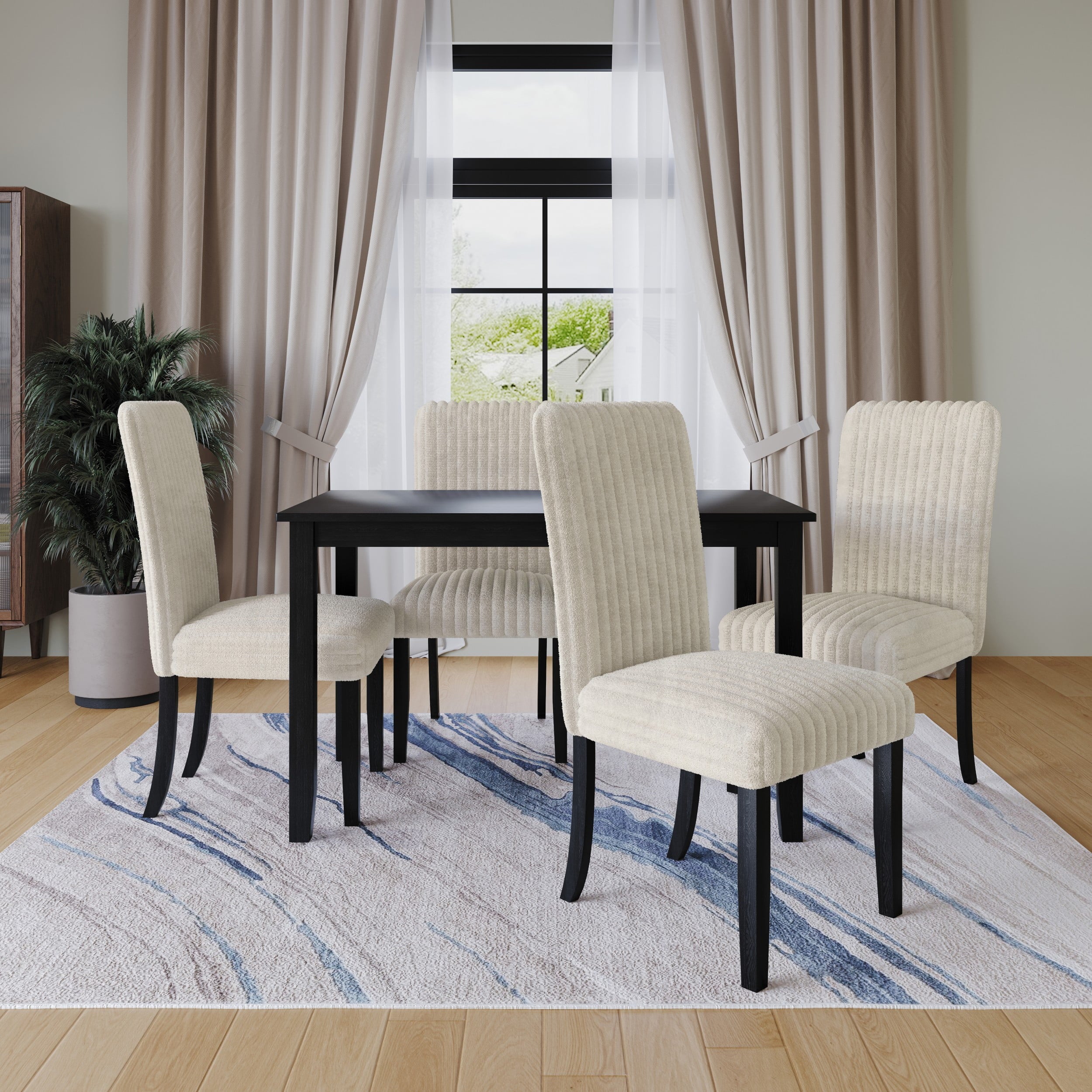 Home Design Guymon 5-Piece Dining Set with 1 Rectangular Table and 4 Slat-Back Cushioned Chairs, Black/Light Beige, Modern Style, Space-Saving