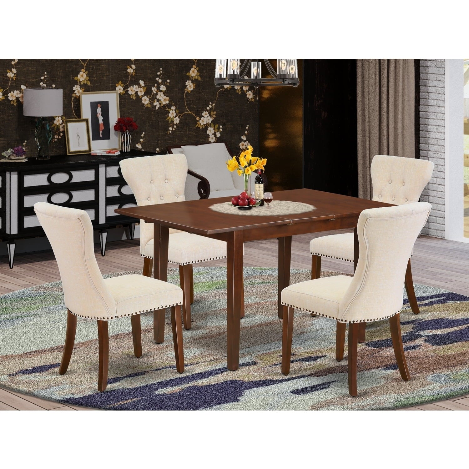 5-Piece Dinette Set - Solid Wood Dining Table & 4 Parson Chairs - Butterfly Leaf Table - Mahogany Finish