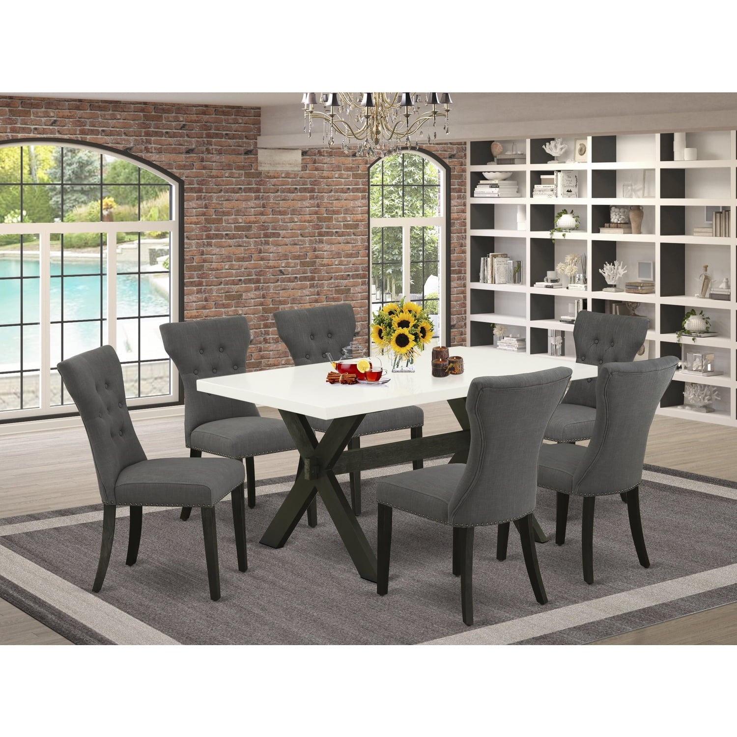 Modern 7-Piece Dining Set - Rectangular Table6 Parson Chairs - Solid Wood Frame