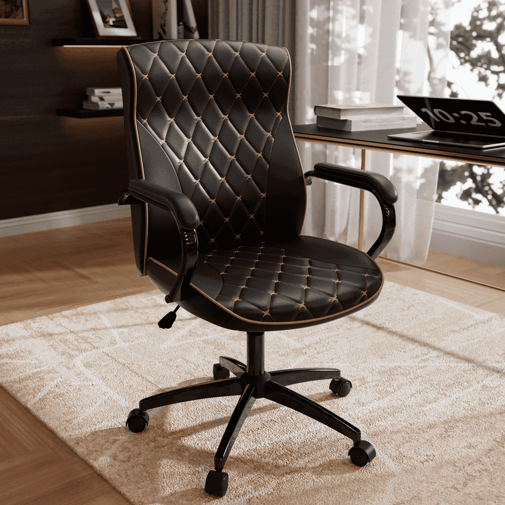 HomeZeer White and Gold Office Chair, Ergonomic High Back Executive Desk Chair with Wheels and Arms, Modern PU Leather Computer Chair with Rocking Function, White(Set of 2)