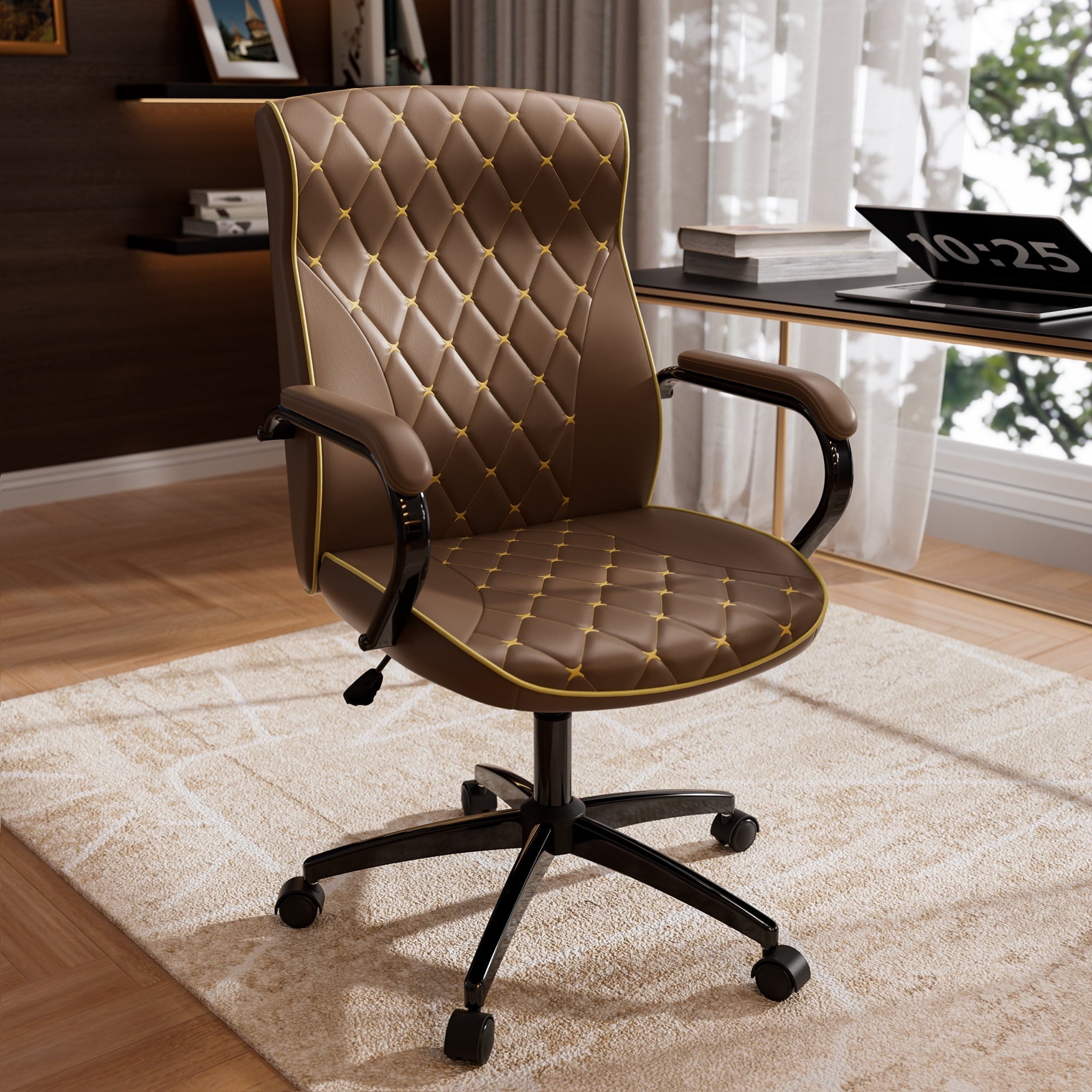 HomeZeer White and Gold Office Chair, Ergonomic High Back Executive Desk Chair with Wheels and Arms, Modern PU Leather Computer Chair with Rocking Function, White(Set of 2)