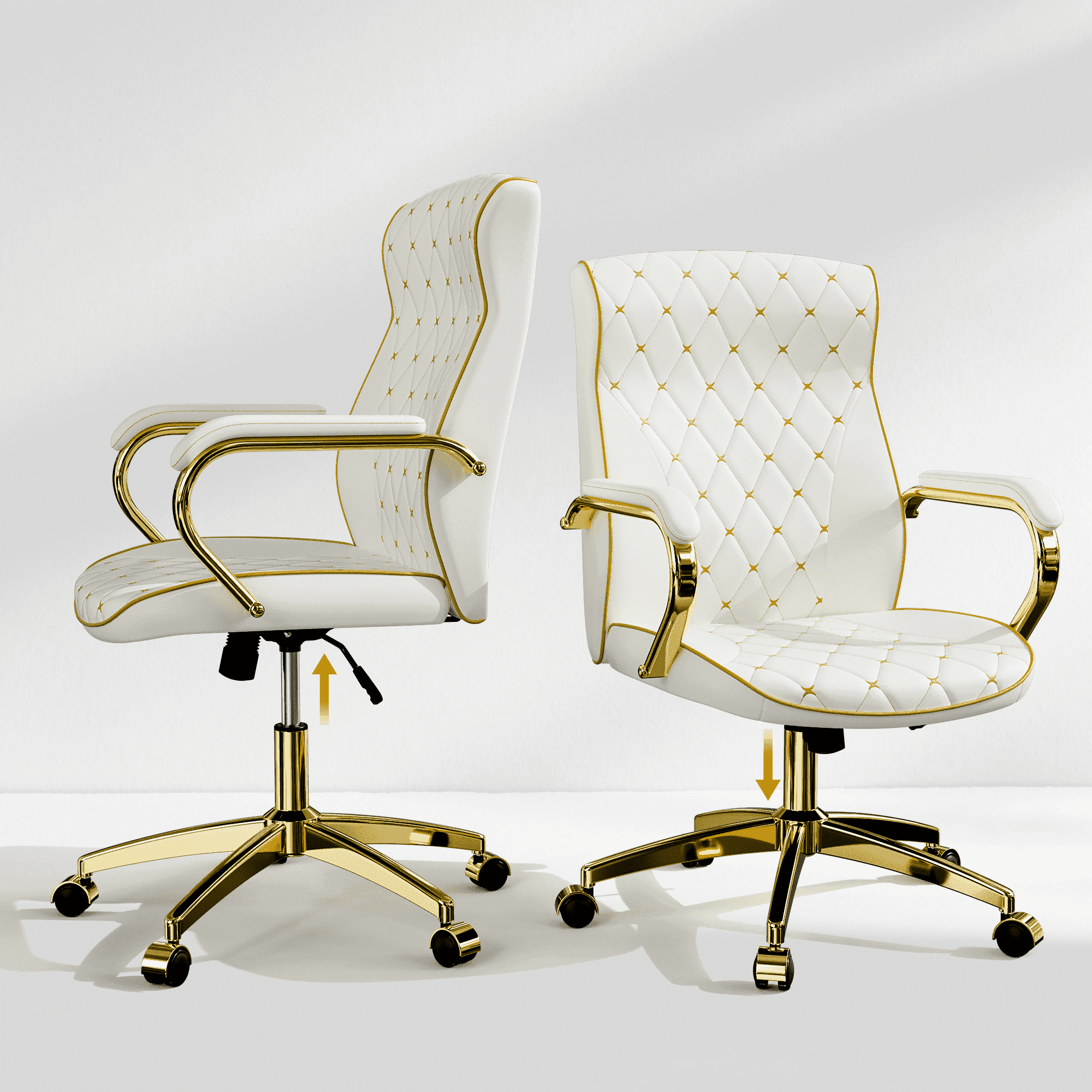 HomeZeer White and Gold Office Chair, Ergonomic High Back Executive Desk Chair with Wheels and Arms, Modern PU Leather Computer Chair with Rocking Function, White(Set of 2)