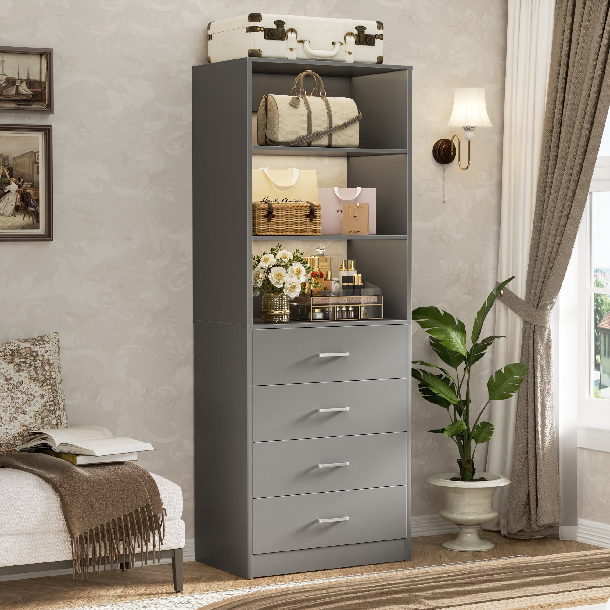 Homieasy 21.3 Inch Freestanding Closet System with 4 Wood Drawers and 3 Shelves for Walk-in Closet, Bedroom, White