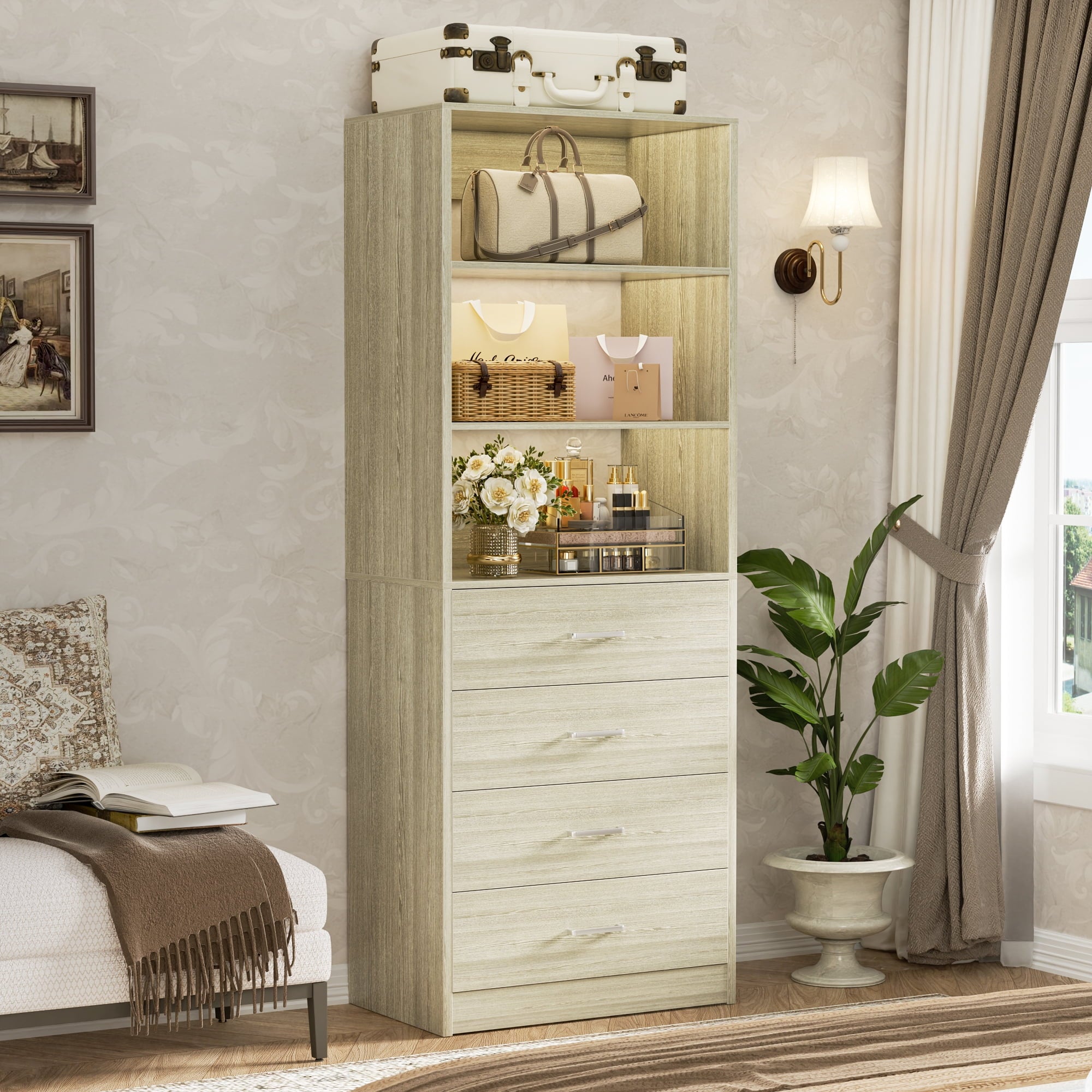 Homieasy 21.3 Inch Freestanding Closet System with 4 Wood Drawers and 3 Shelves for Walk-in Closet, Bedroom, White
