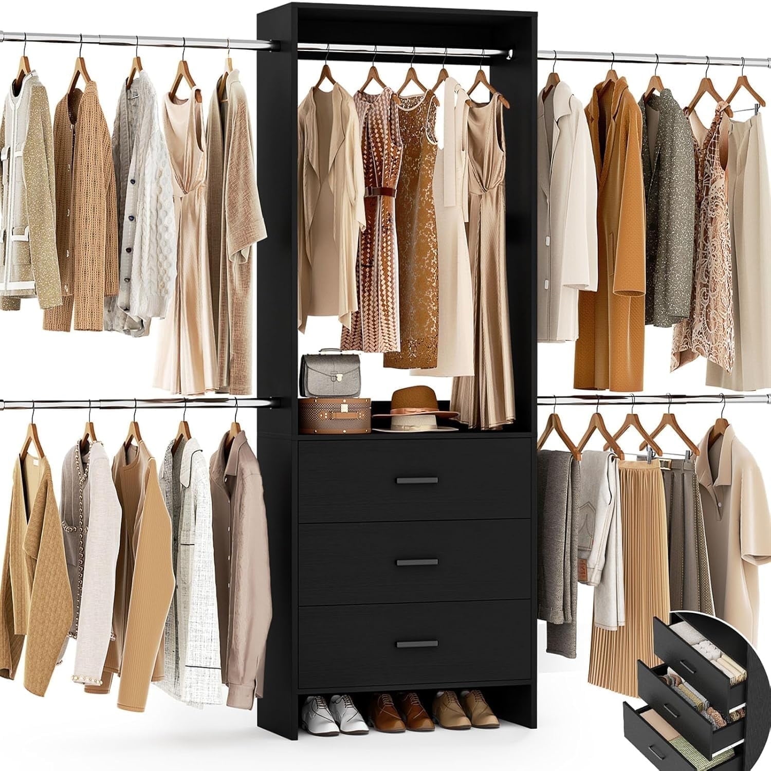 Homieasy Closet System, Closet Organizer with 3 Wooden Drawers, Walk-in Closet Wardrobe Clothes Rack with 4 Hanging Rods, Garment Rack, White