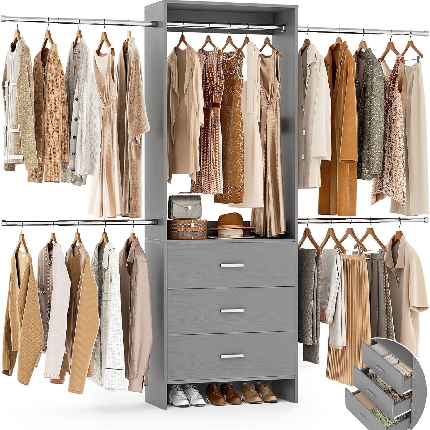 Homieasy Closet System, Closet Organizer with 3 Wooden Drawers, Walk-in Closet Wardrobe Clothes Rack with 4 Hanging Rods, Garment Rack, White