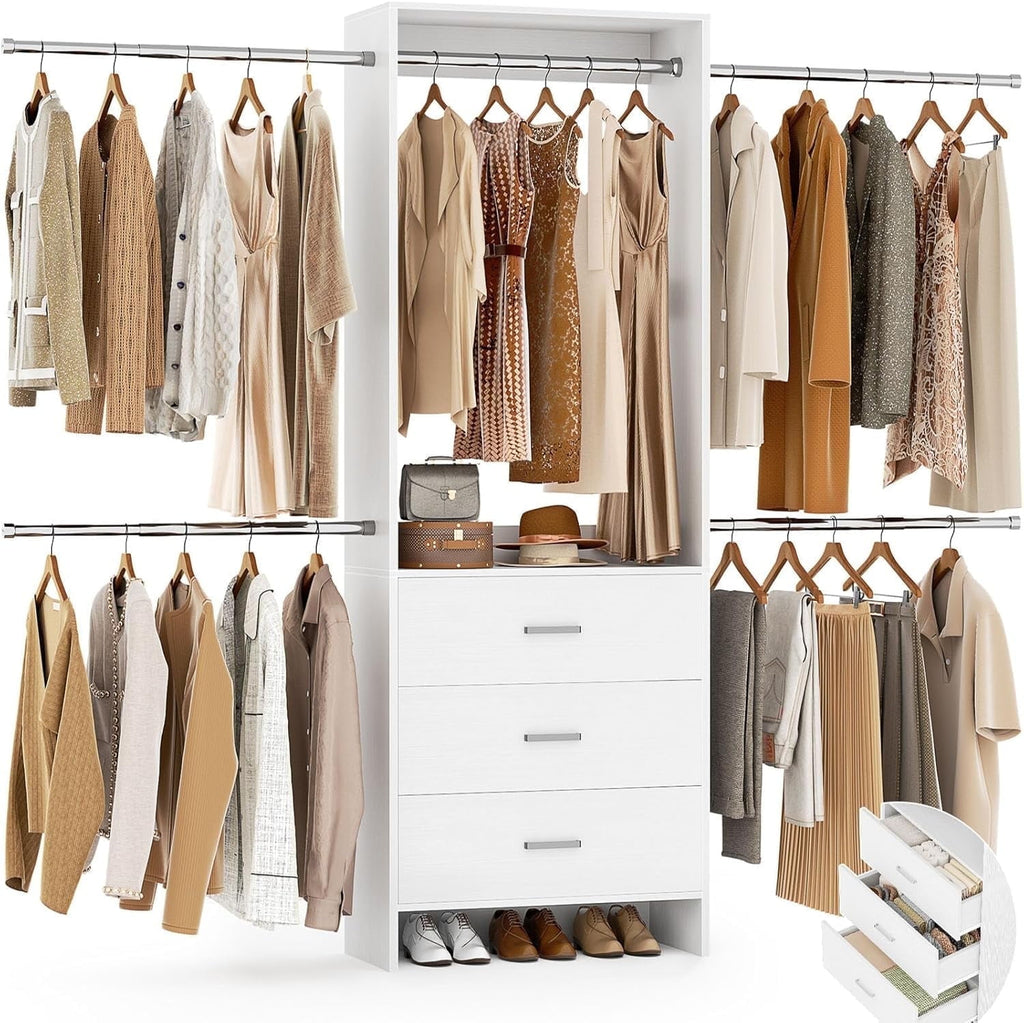 Homieasy Closet System, Closet Organizer with 3 Wooden Drawers, Walk-in Closet Wardrobe Clothes Rack with 4 Hanging Rods, Garment Rack, White