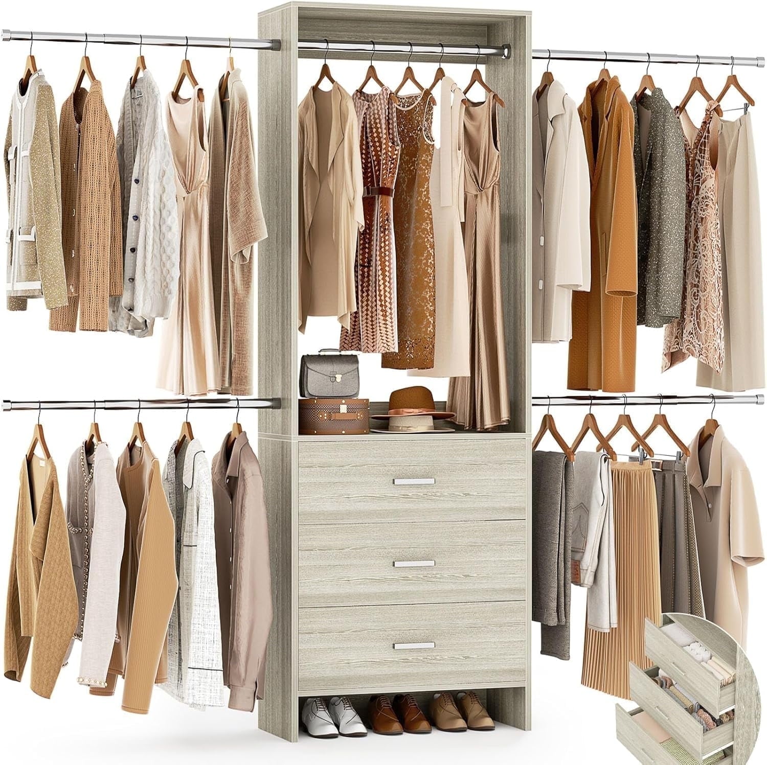 Homieasy Closet System, Closet Organizer with 3 Wooden Drawers, Walk-in Closet Wardrobe Clothes Rack with 4 Hanging Rods, Garment Rack, White