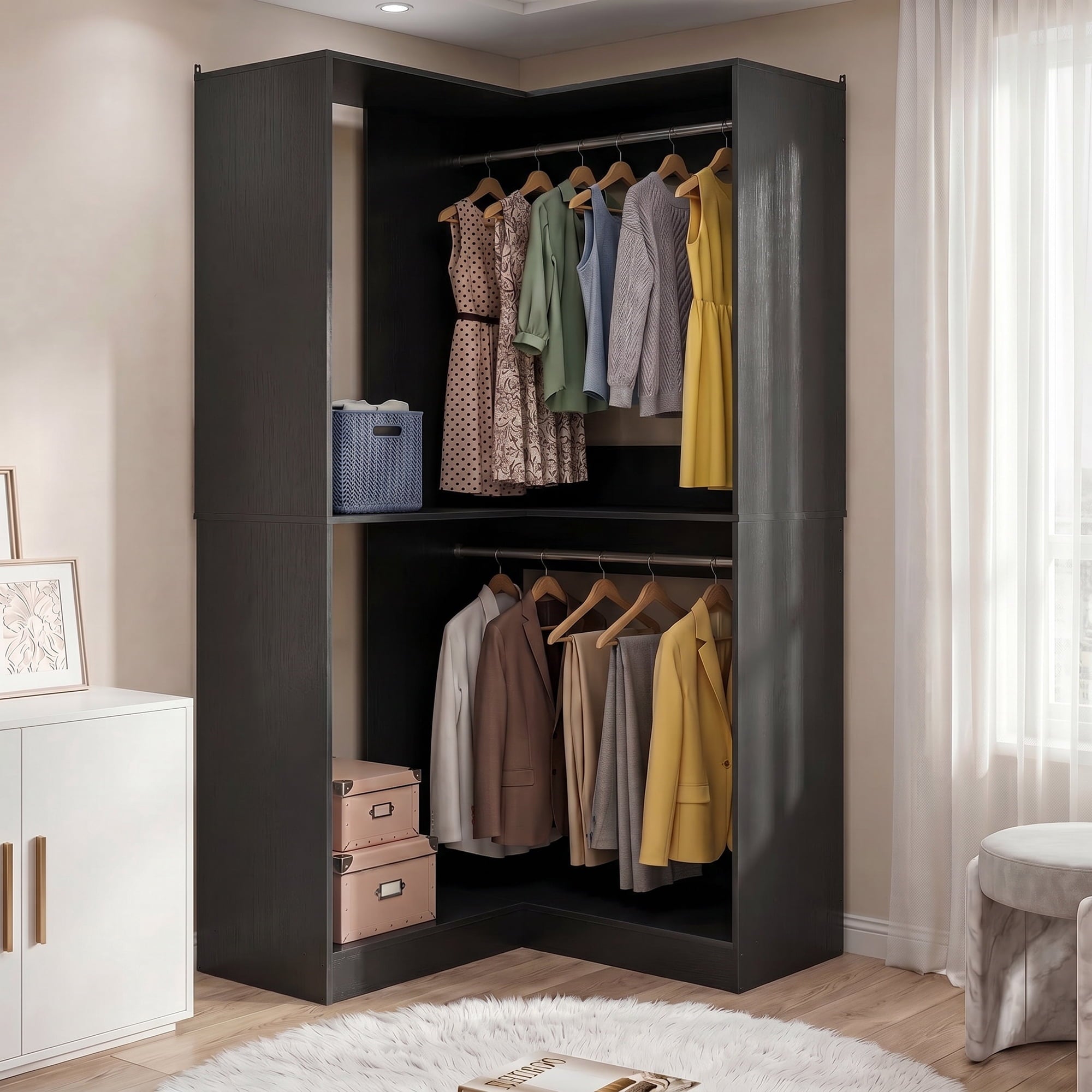 Homieasy 32'' W Corner Closet System with Hanging Rod, White