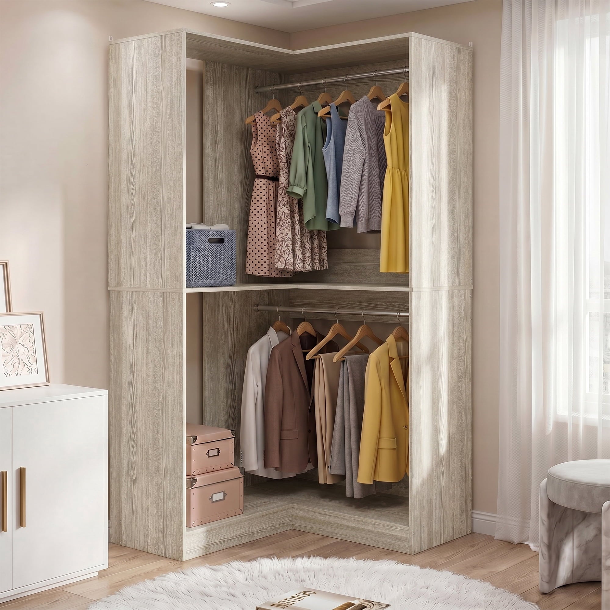 Homieasy 32'' W Corner Closet System with Hanging Rod, White