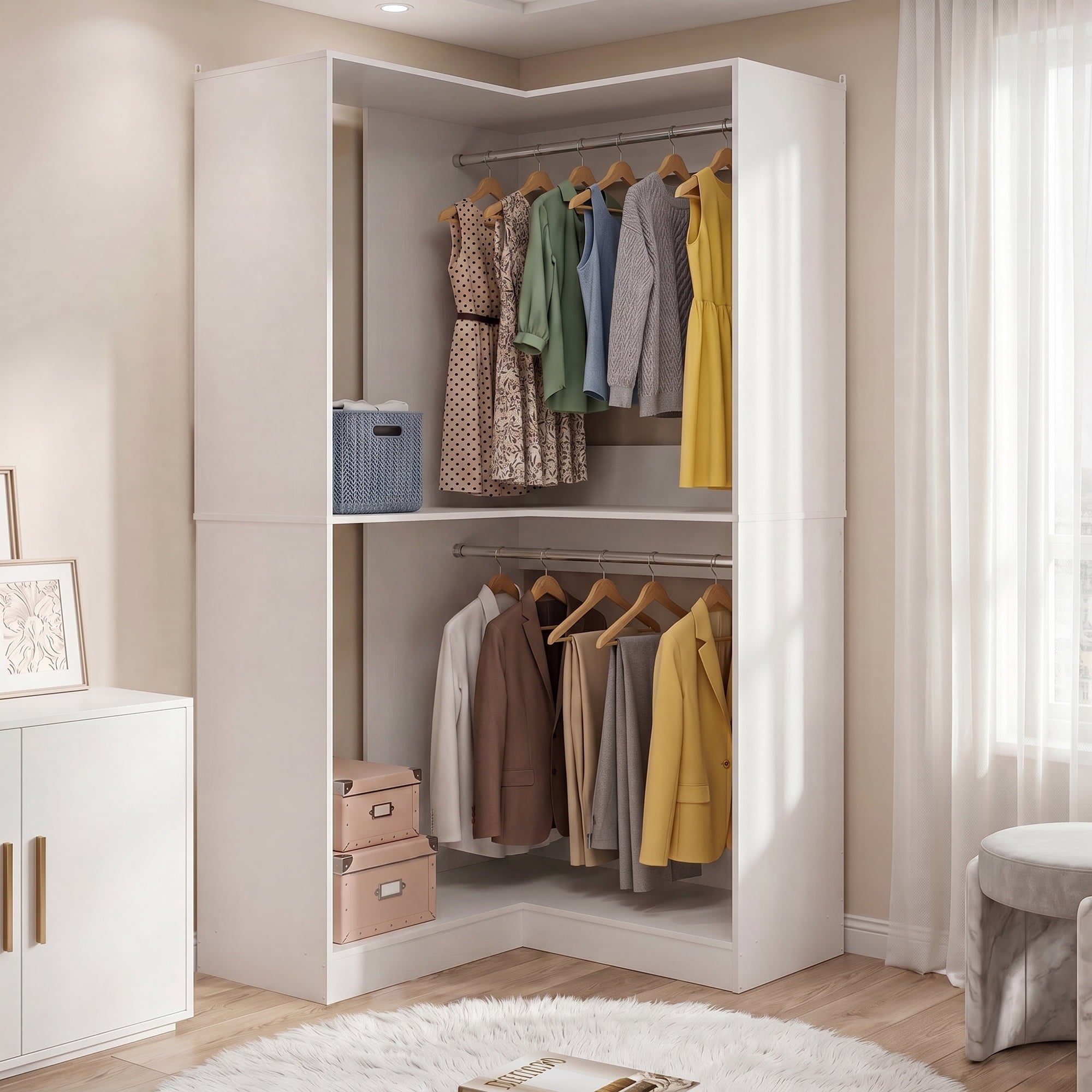 Homieasy 32'' W Corner Closet System with Hanging Rod, White