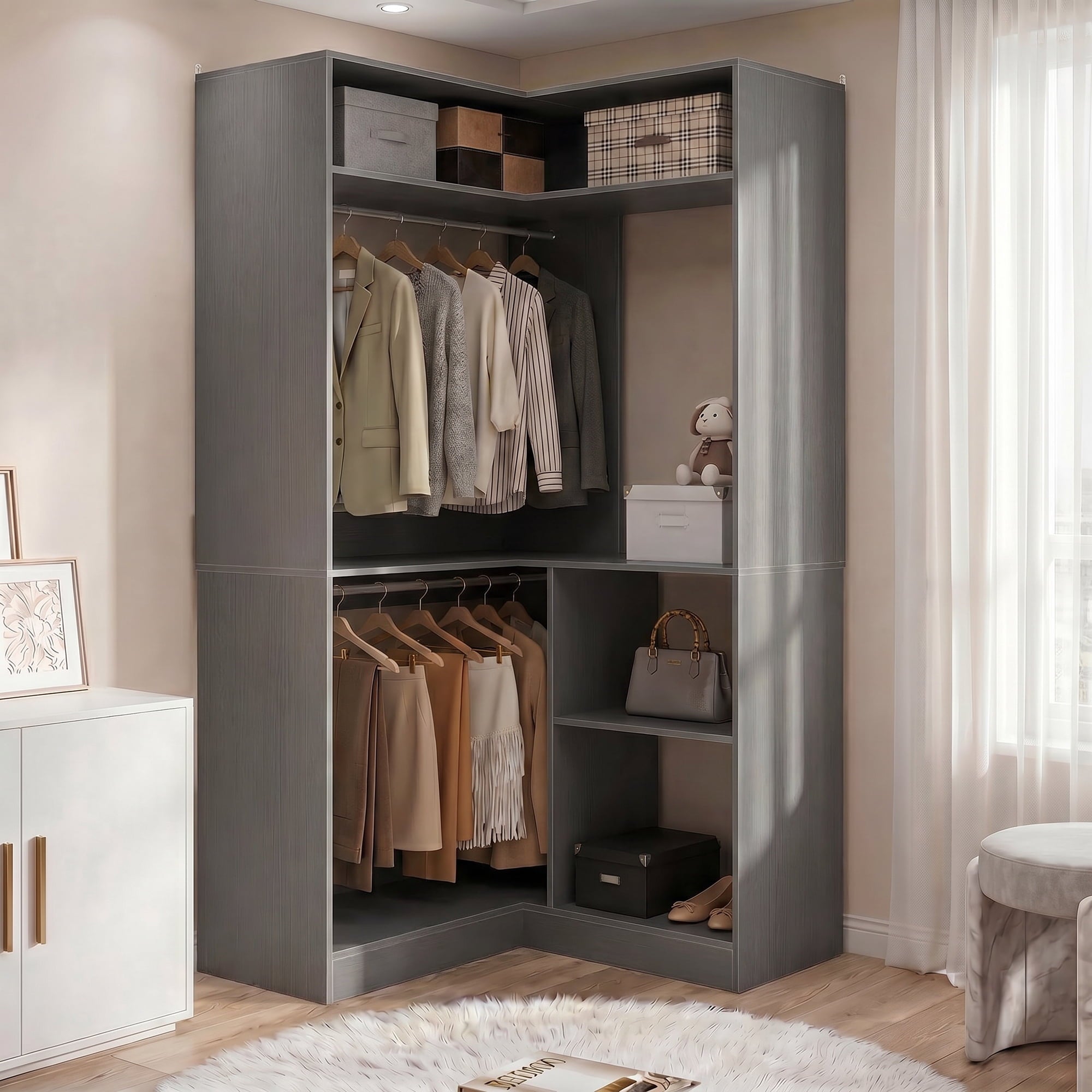 Homieasy 34 W Corner Closet System with Hanging Rods, White