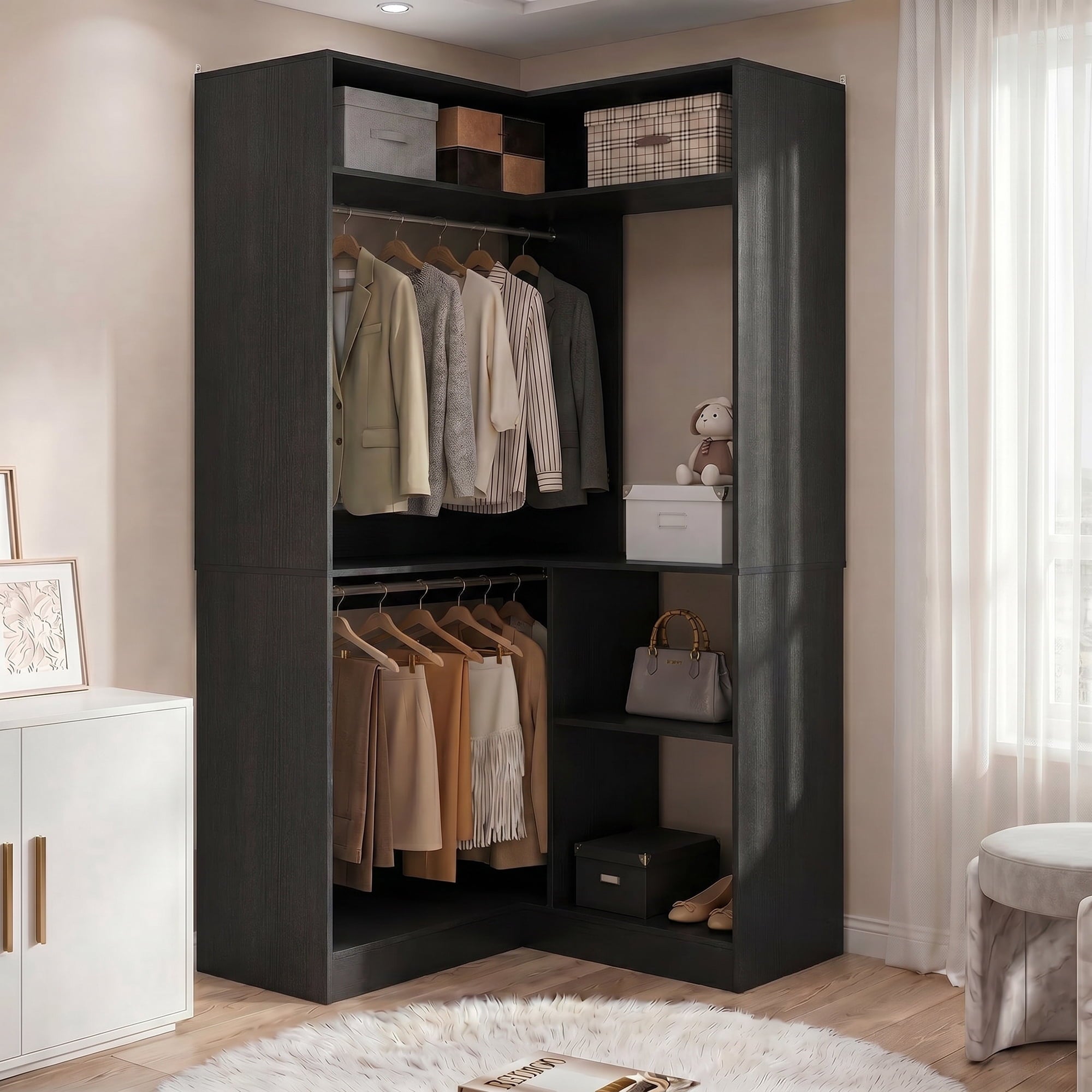 Homieasy 34 W Corner Closet System with Hanging Rods, White