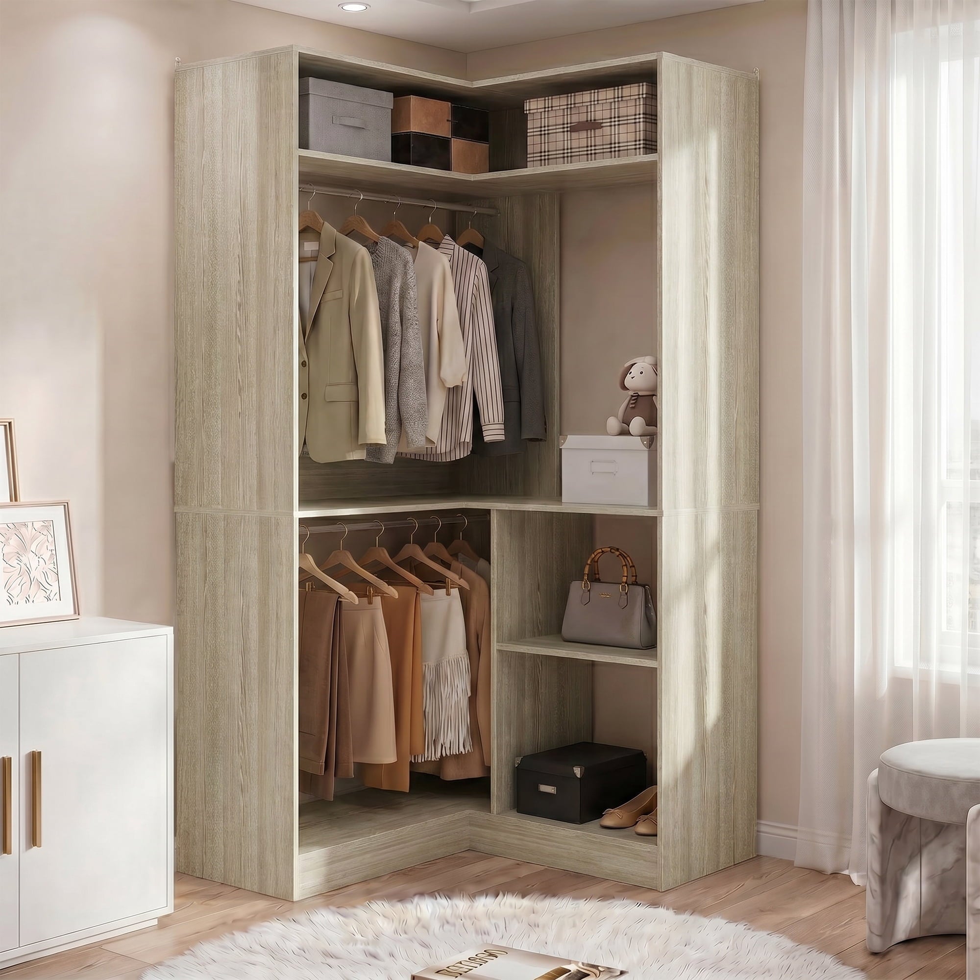 Homieasy 34 W Corner Closet System with Hanging Rods, White